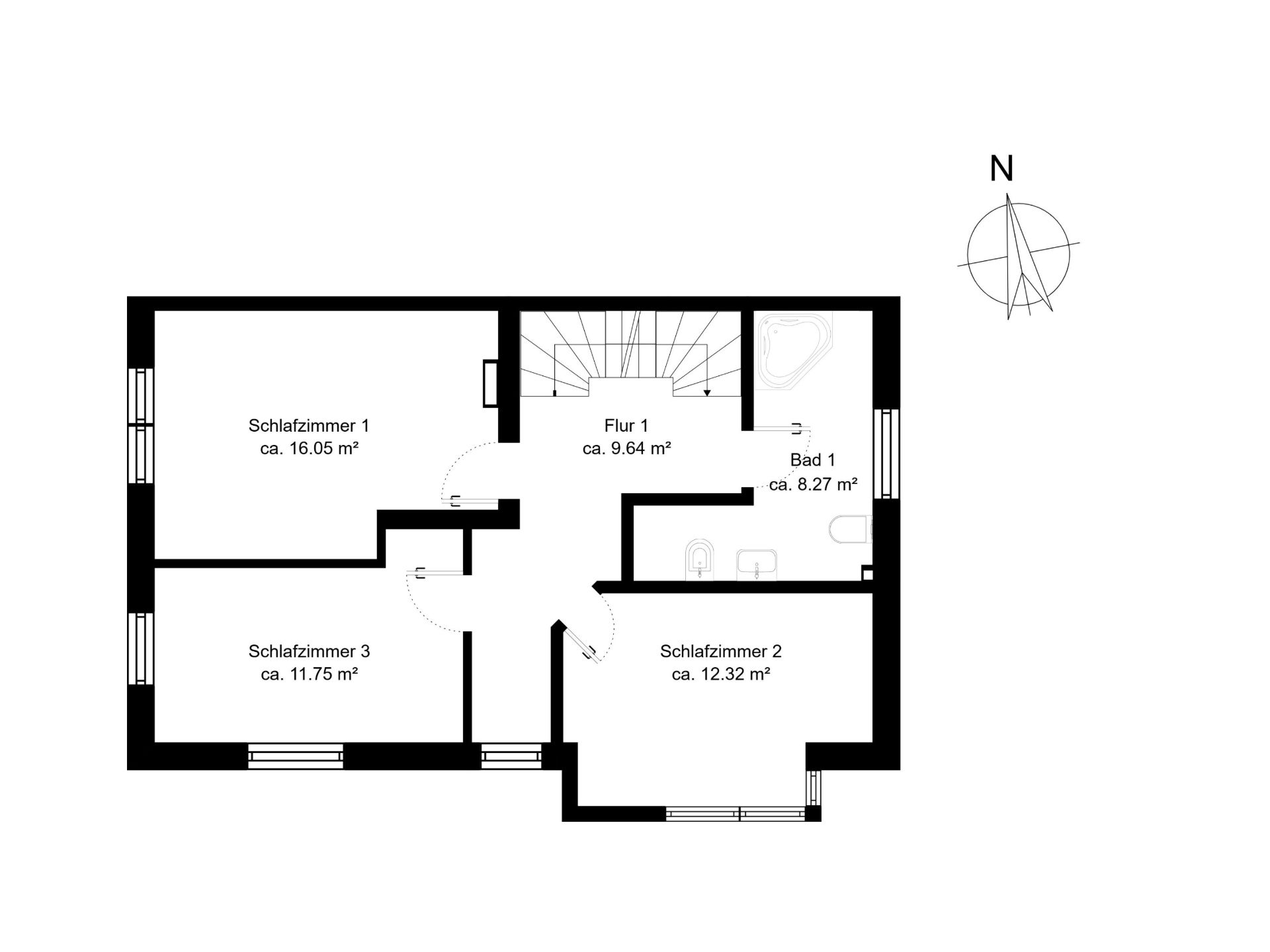 Grundriss mit drei Schlafzimmern, einem Bad und Flur, Zimmer sind beschriftet und maßlich angegeben.
