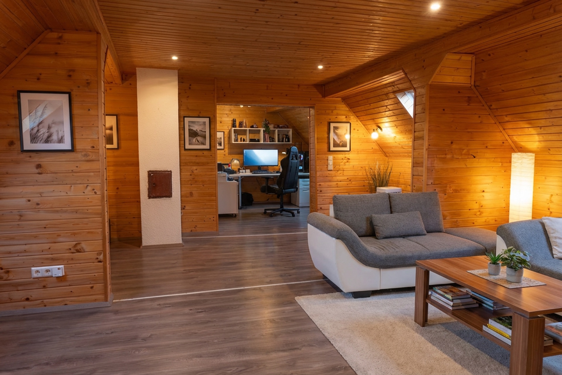 Wohnzimmer mit Sofa, Couchtisch und Blick auf ein Arbeitszimmer mit Computer, Holzverkleidung an Wänden und Decke.