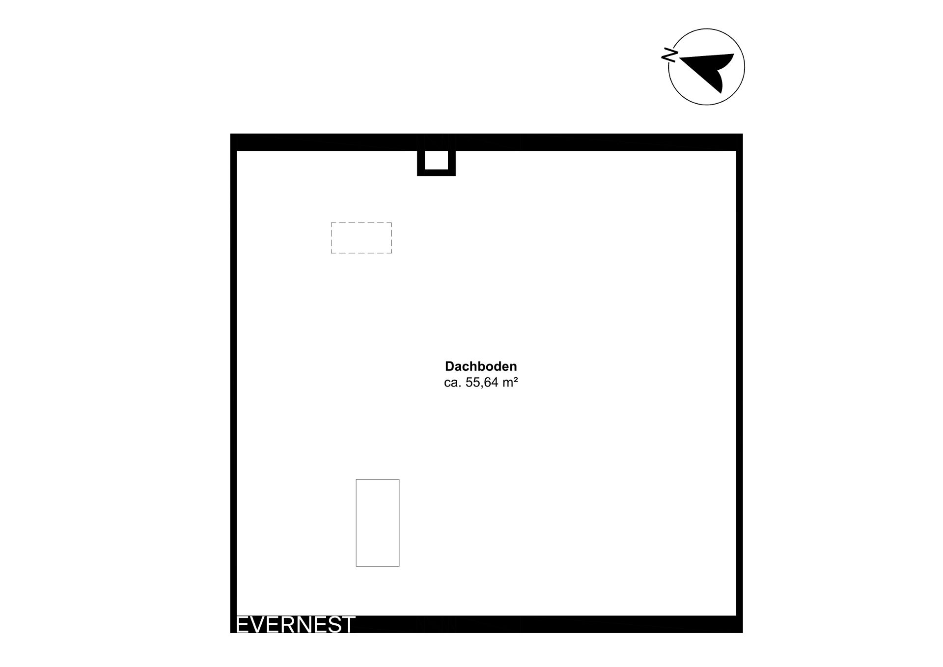 Grundriss eines Dachbodens mit etwa 55,64 m² Fläche und rechteckigem Zuschnitt.