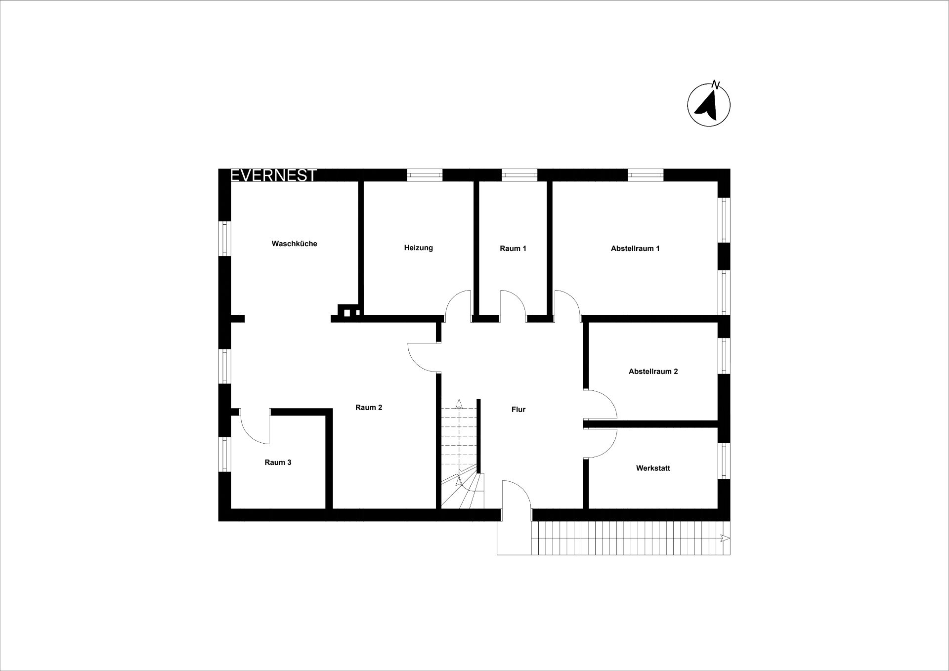 Grundriss mit Waschküche, Heizung, drei Räumen, zwei Abstellräumen, Flur und Werkstatt.