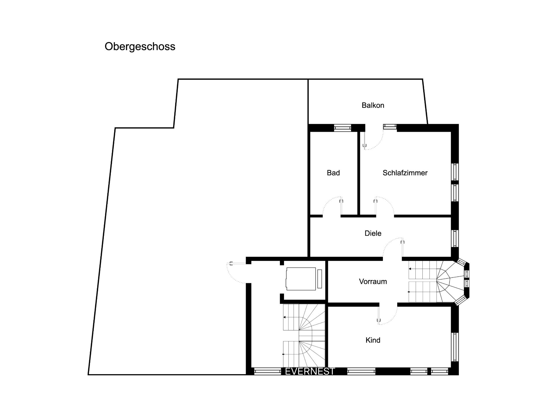 Grundriss eines Obergeschosses mit Schlafzimmer, Bad, Balkon, Kindzimmer und Vorraum.