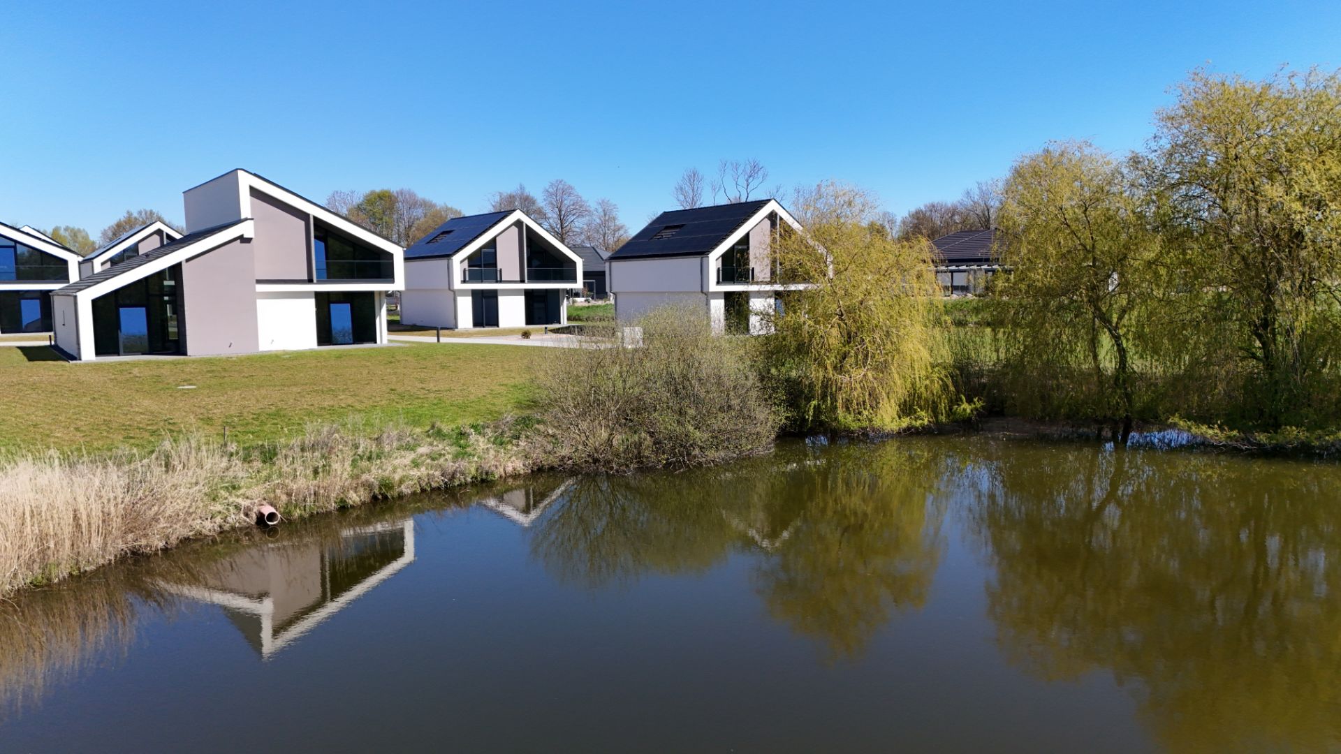 Moderne Einfamilienhäuser am Teich mit Bäumen im Vordergrund und klarem Himmel.
