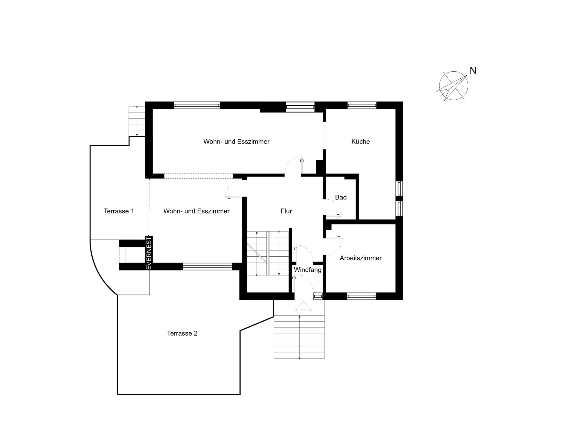 Grundriss mit Wohn- und Esszimmer, Küche, Bad, Arbeitszimmer, Flur und zwei Terrassen.