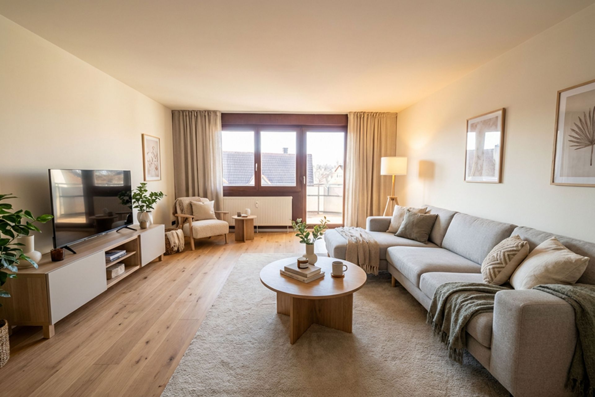 Helles Wohnzimmer mit Sofa, Couchtisch, Sessel, TV und großen Fenstern mit Vorhängen.