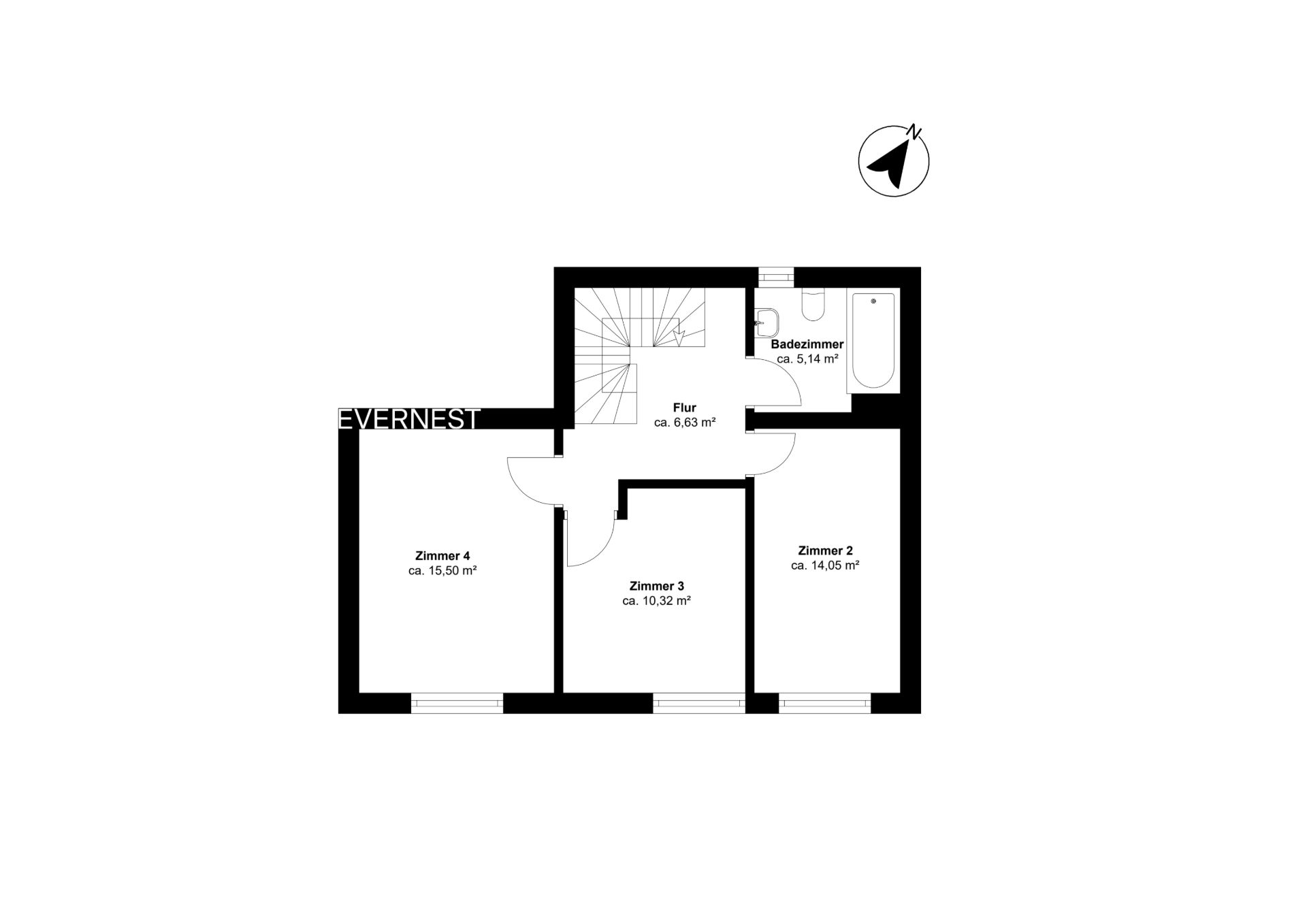Grundriss mit Flur, Badezimmer und drei Zimmern, beschriftet mit Flächenangaben.