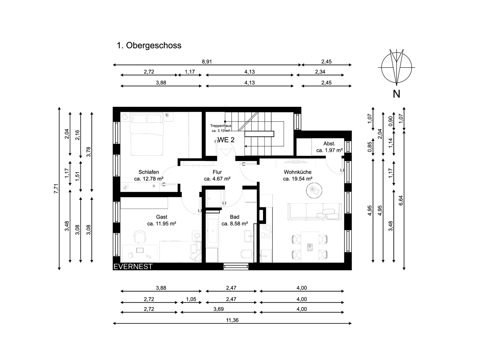 Grundriss eines Obergeschosses mit Schlafzimmer, Bad, Wohnküche, Gästezimmer und Flur.