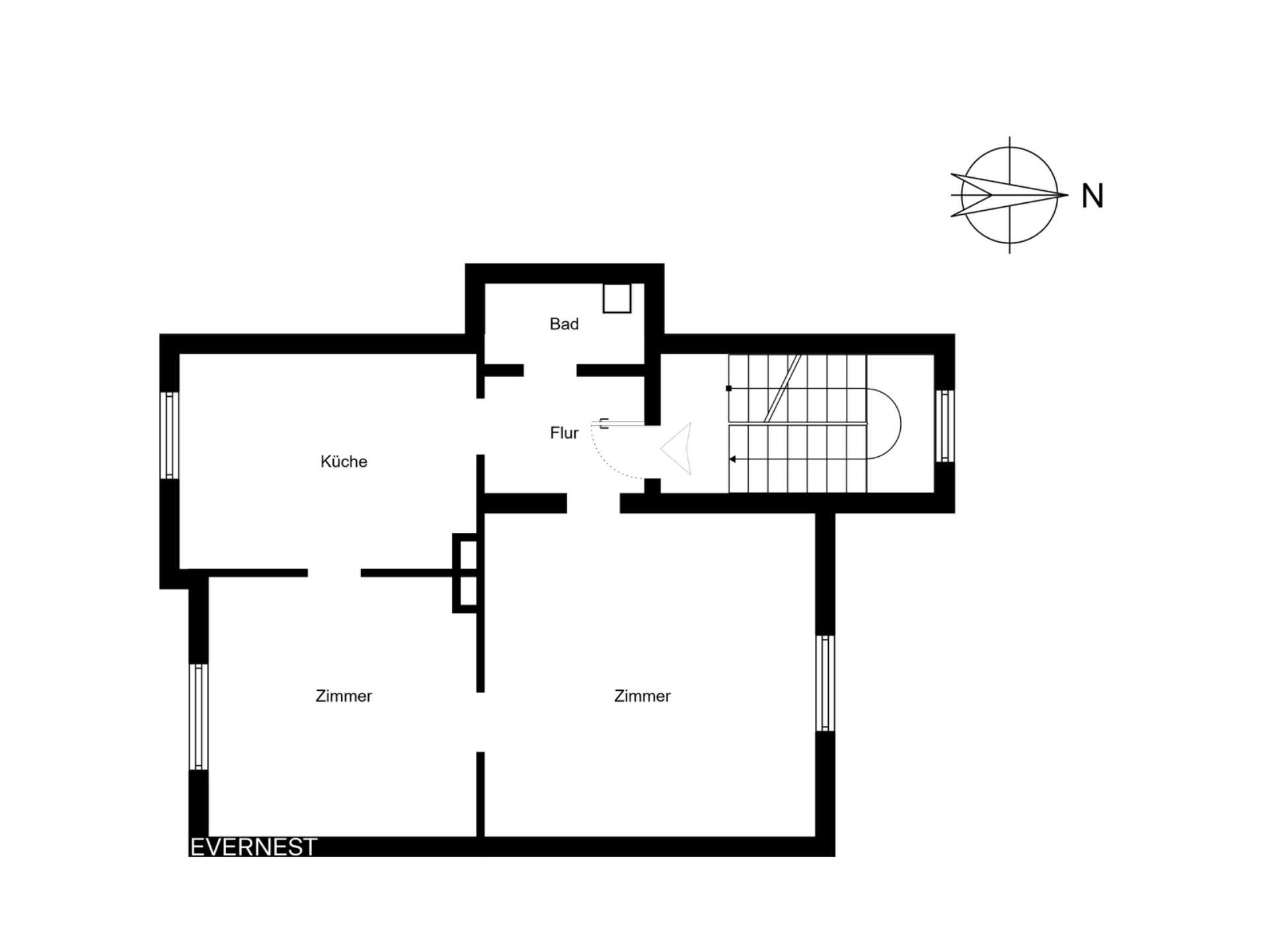 Grundriss mit Küche, Bad, Flur, zwei Zimmern und Treppenhaus.