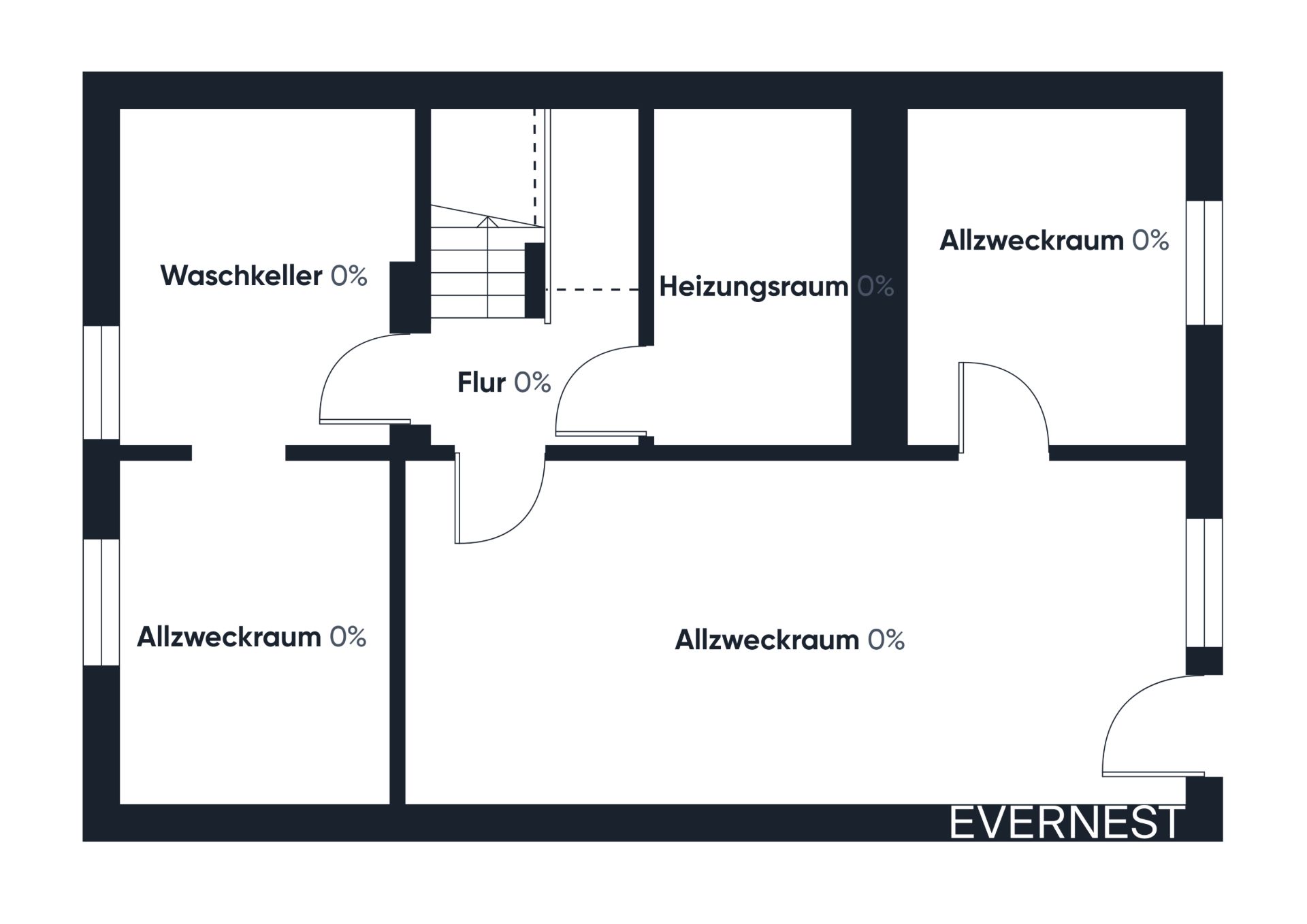Grundriss eines Kellers mit Waschkeller, Heizungsraum, Flur und drei Allzweckräumen.
