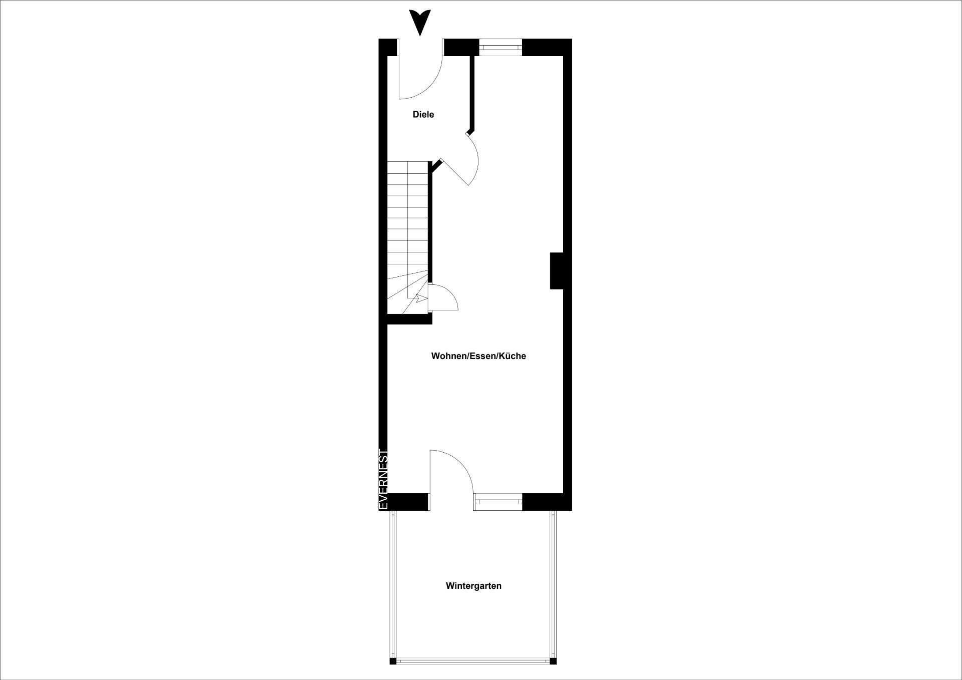 Grundriss mit Diele, Wohn-/Essbereich mit Küche und Wintergarten.