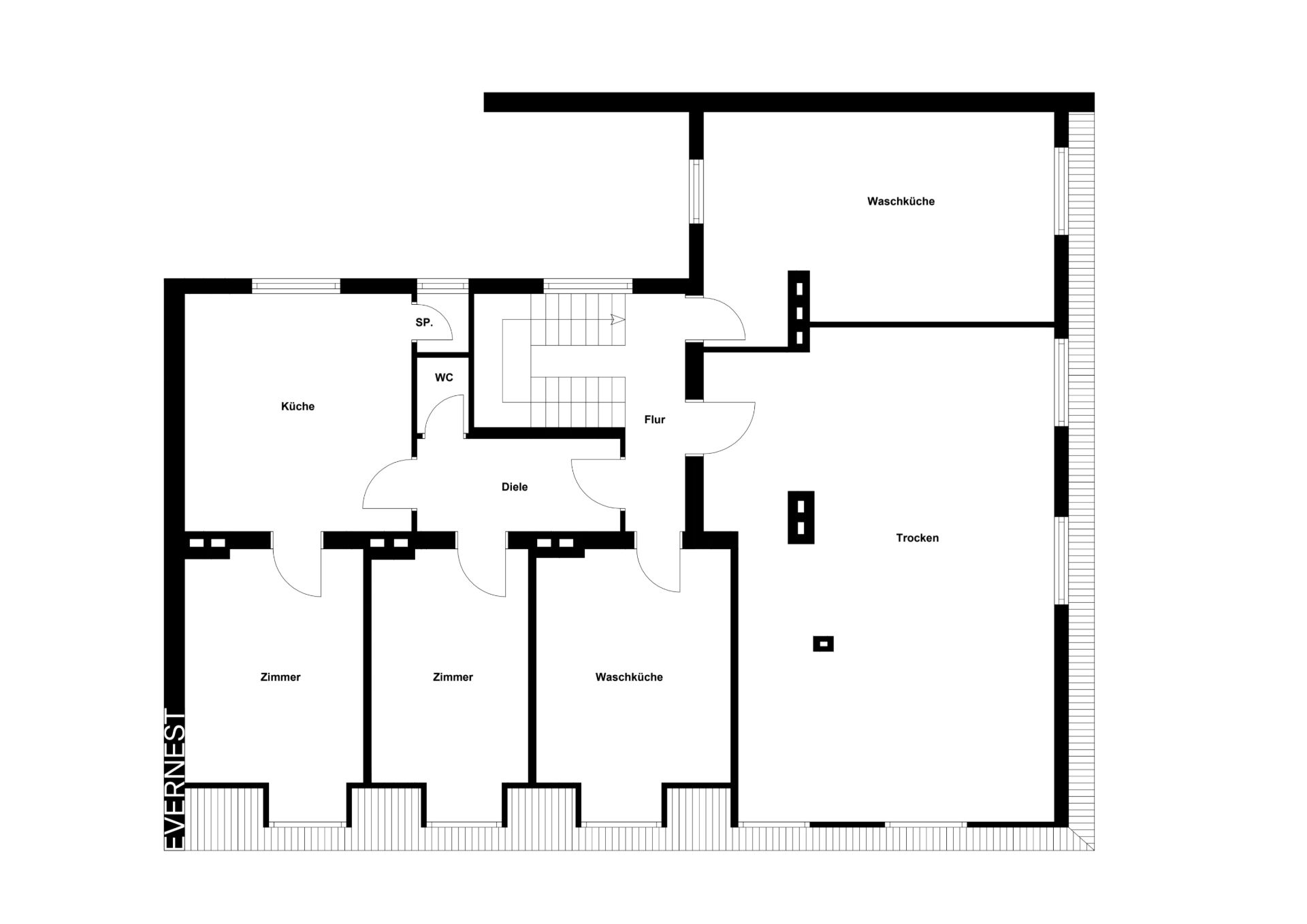 Grundriss eines Hauses mit Küche, zwei Zimmern, Waschküche, Trockenraum und WC.