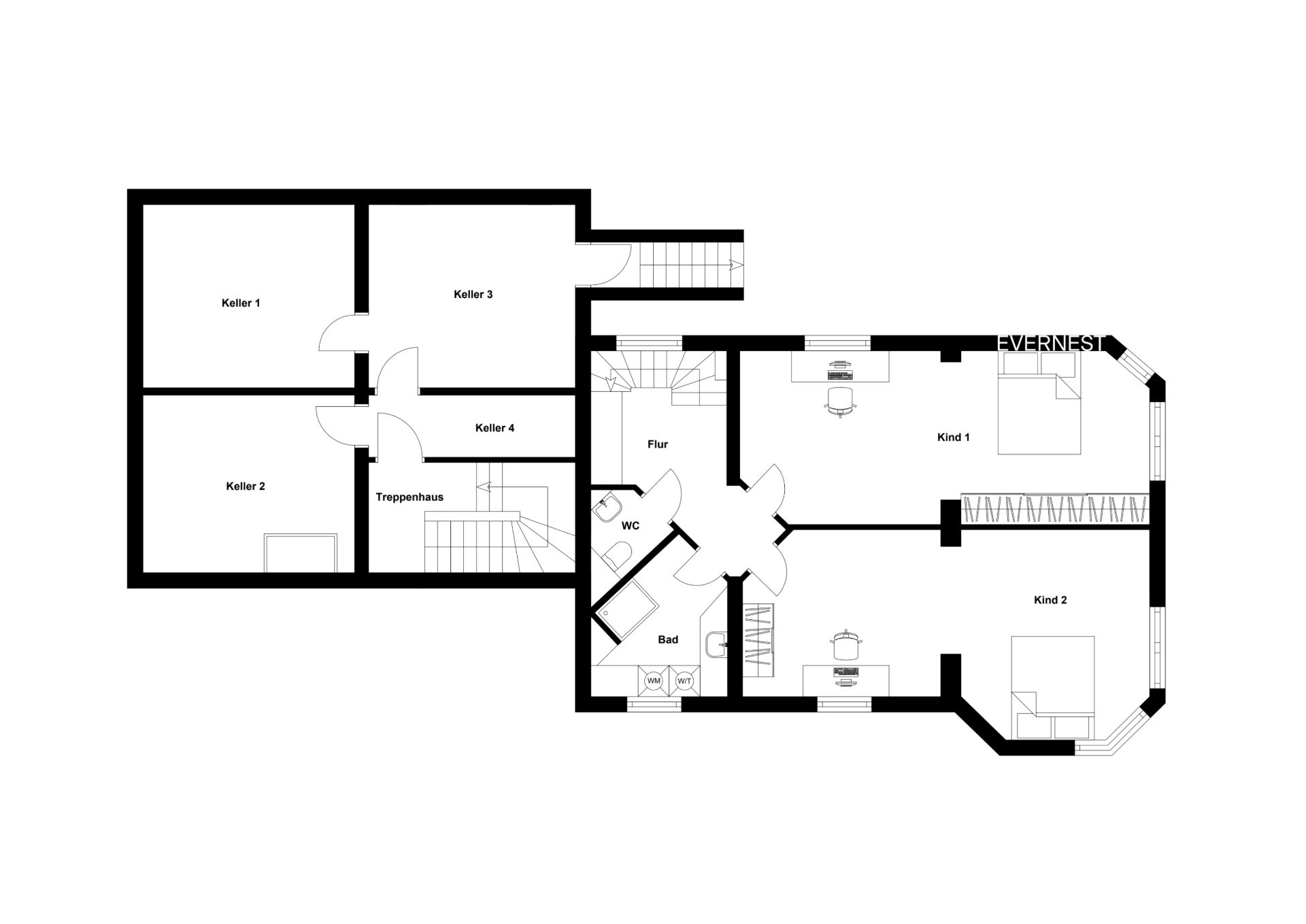 Grundriss mit vier Kellerräumen, zwei Kinderzimmern, Bad, WC, Flur und Treppenhaus.