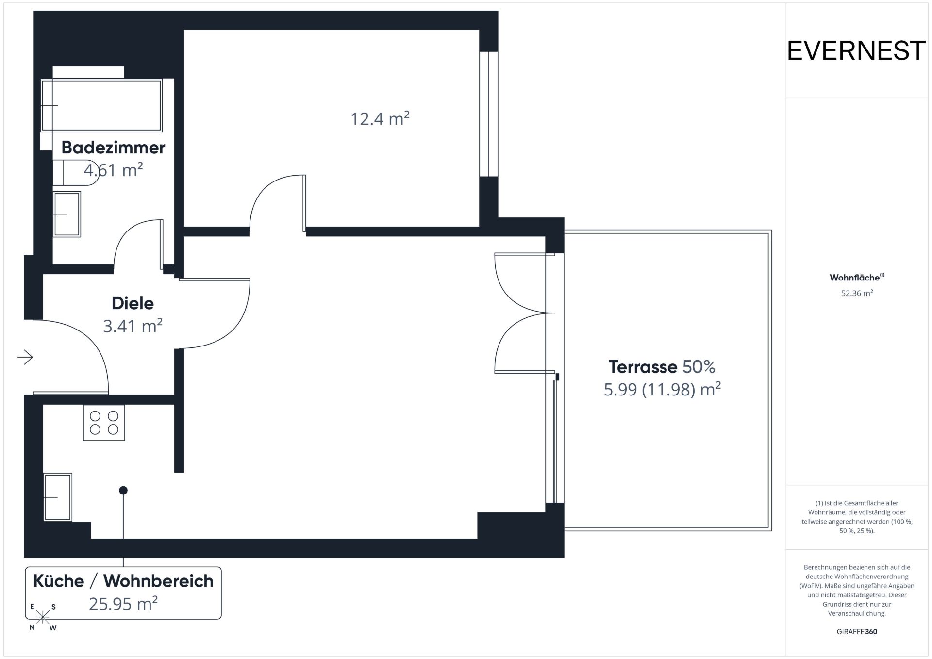 Grundriss einer Wohnung mit Bad, Diele, Küche/Wohnbereich, Zimmer und Terrasse.