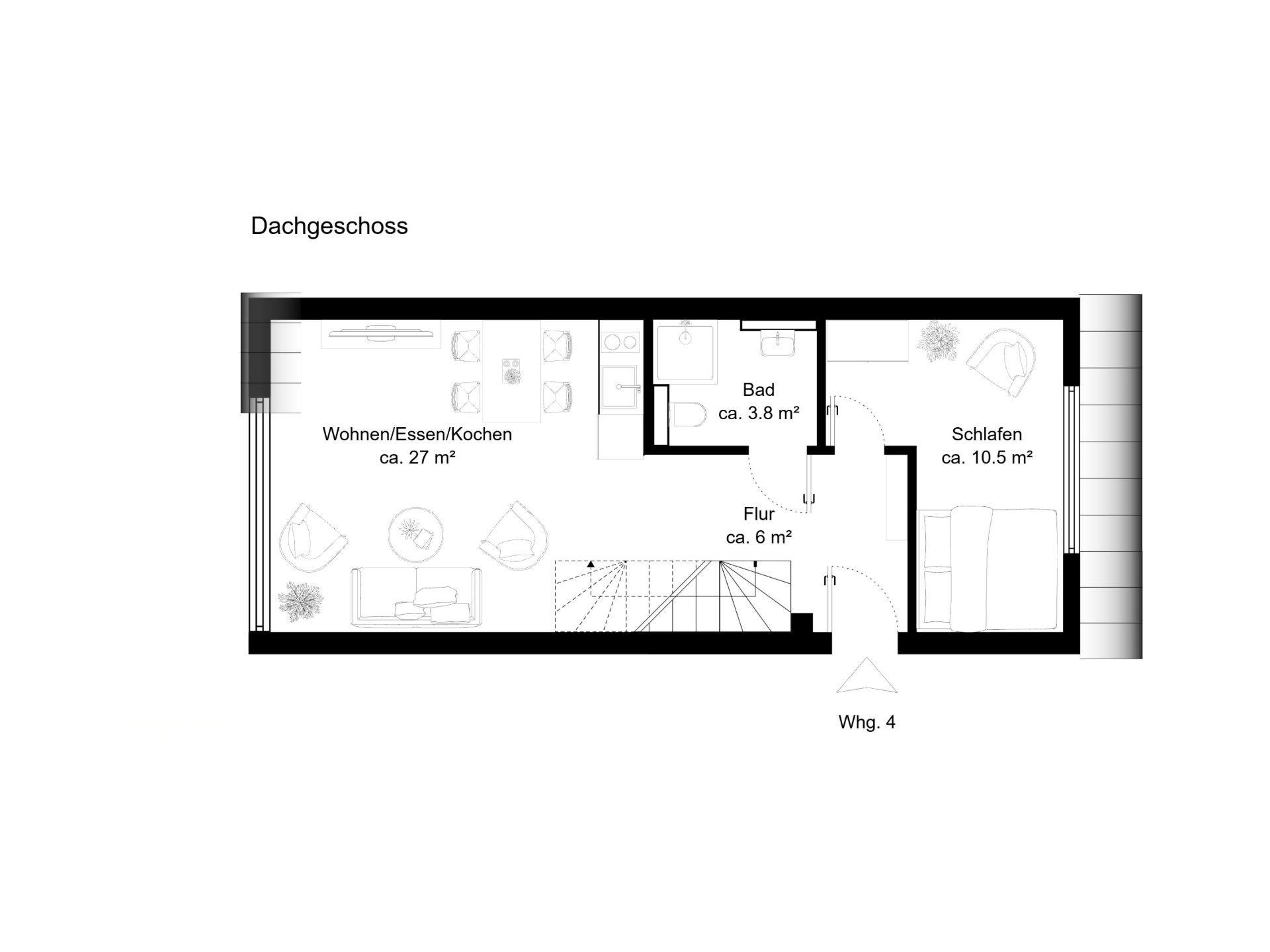 Grundriss einer Wohnung mit Wohnbereich, Küche, Bad, Schlafzimmer und Flur.