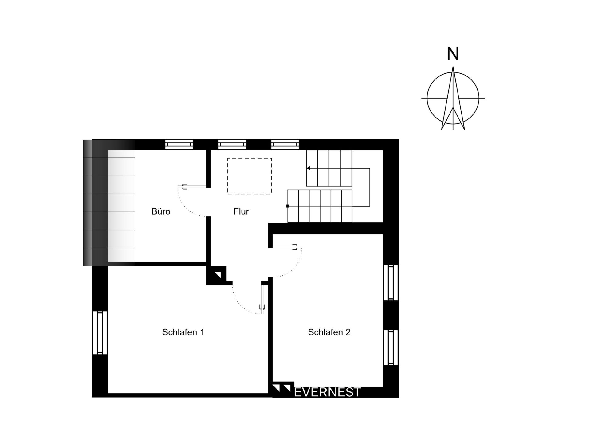 Grundriss mit Büro, Flur, zwei Schlafzimmern und Treppe.