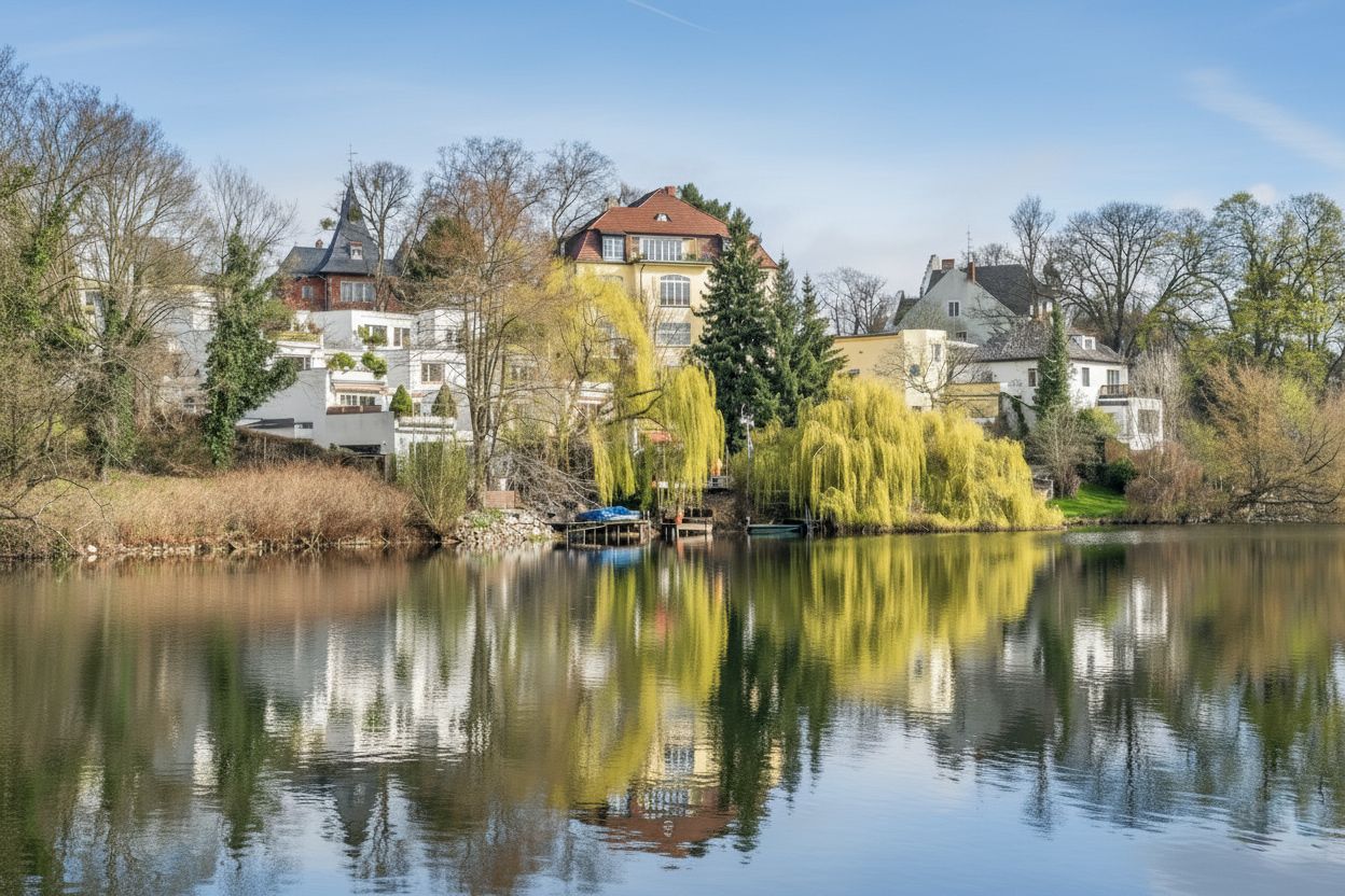 Wohnhäuser am Ufer eines ruhigen Sees mit Bäumen und deren Spiegelung im Wasser.