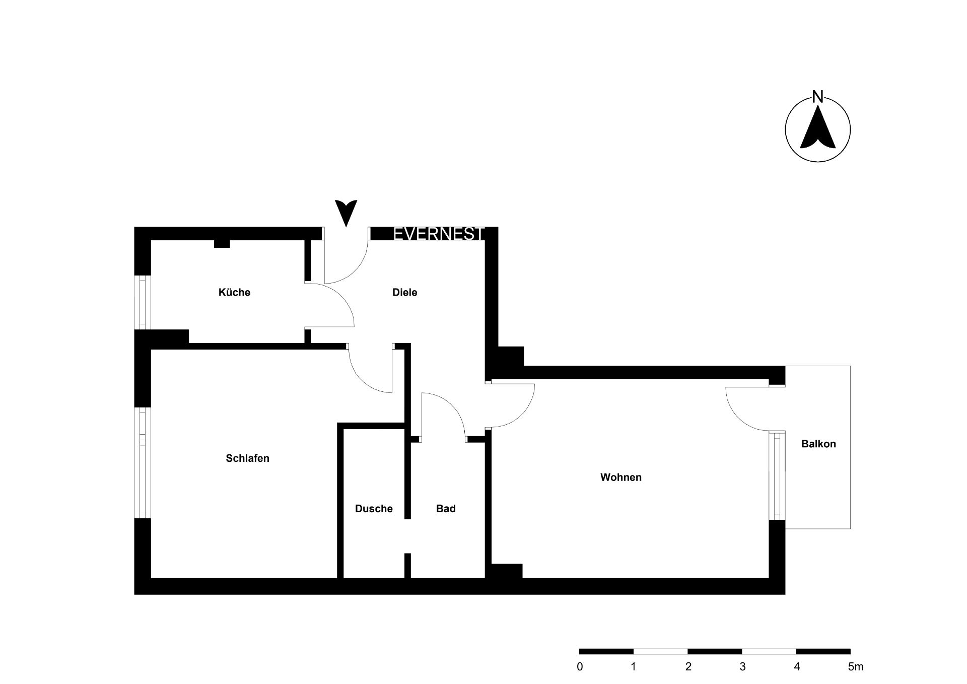 Grundriss einer Wohnung mit Küche, Schlafzimmer, Bad, Dusche, Wohnzimmer und Balkon.