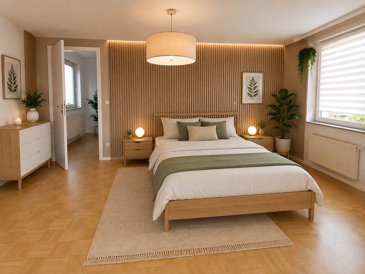 Modernes Schlafzimmer mit Doppelbett, Holzmöbeln, Pflanzen und großem Fenster.