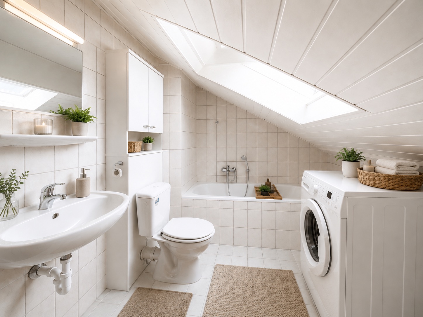 Helles Badezimmer mit Waschbecken, Toilette, Badewanne, Waschmaschine und Dachfenster.