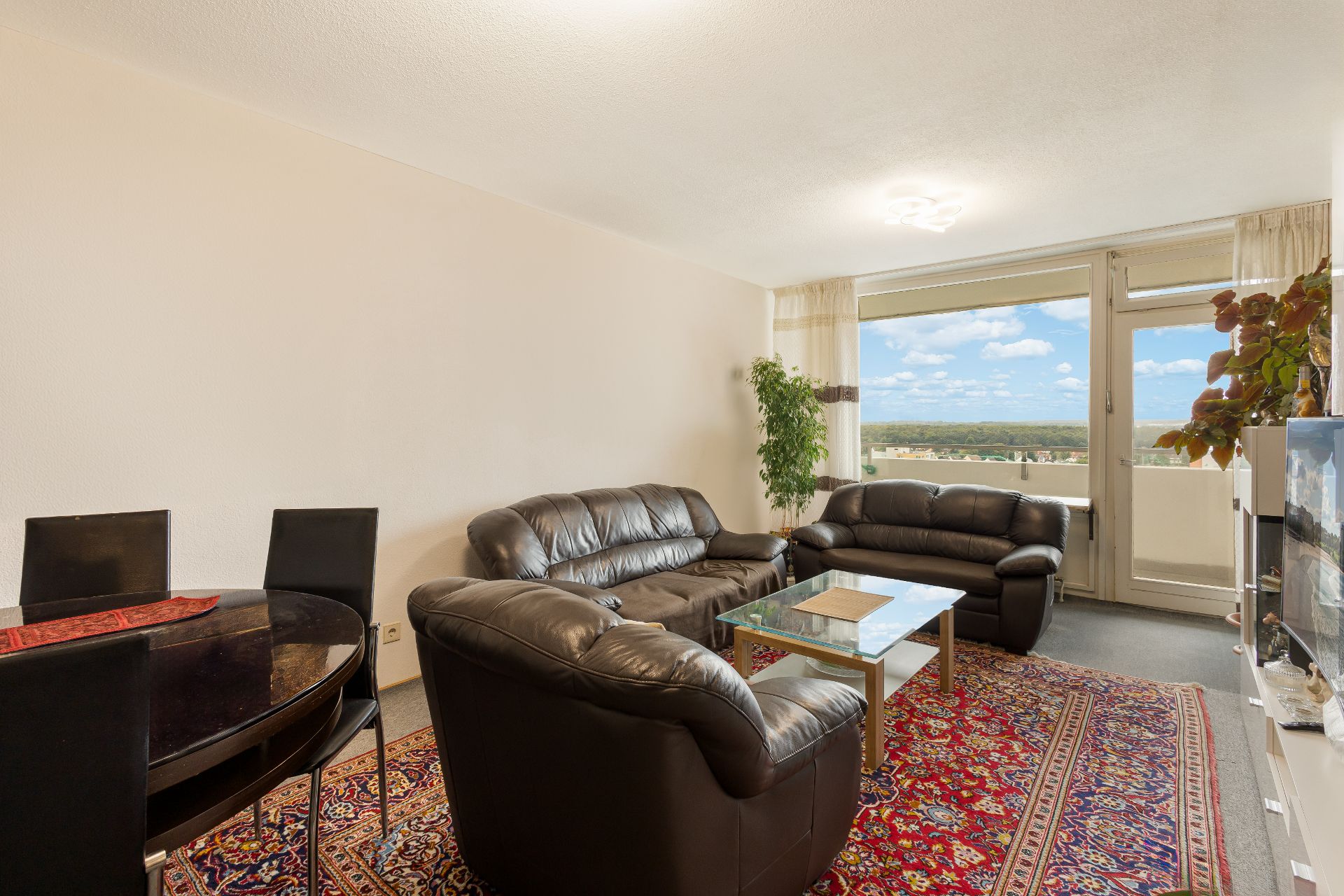 Wohnzimmer mit Ledersofas, Glastisch, Esstisch und großen Fenstern mit Ausblick.