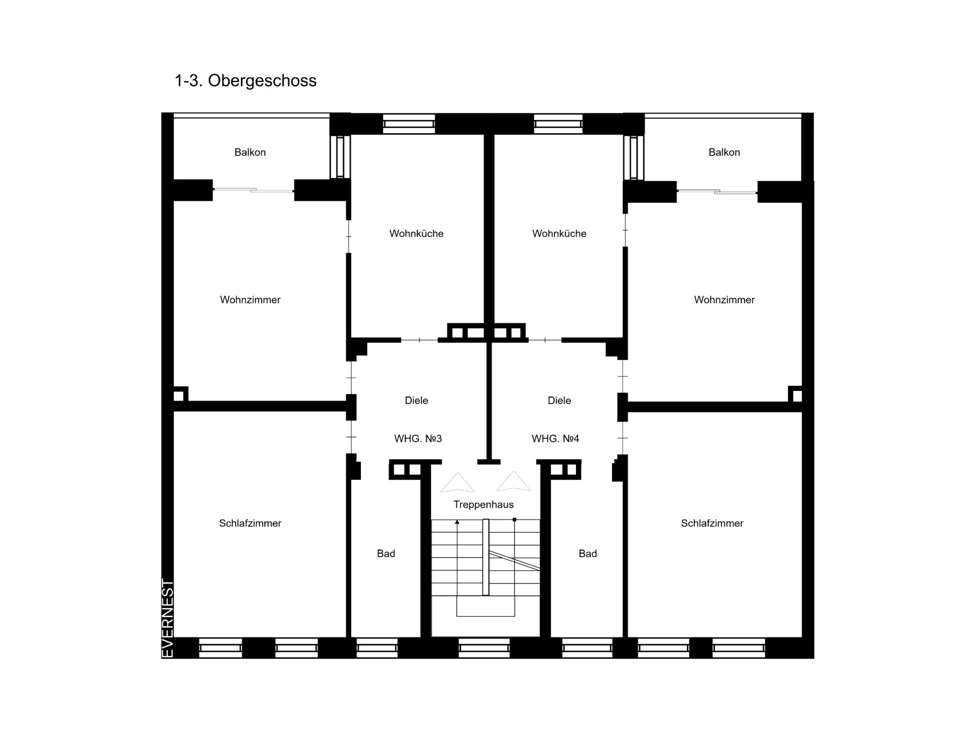 Grundriss eines oberen Stockwerks mit zwei Wohnungen, Balkons, Wohnzimmern, Schlafzimmern, Bädern und Treppenhaus.