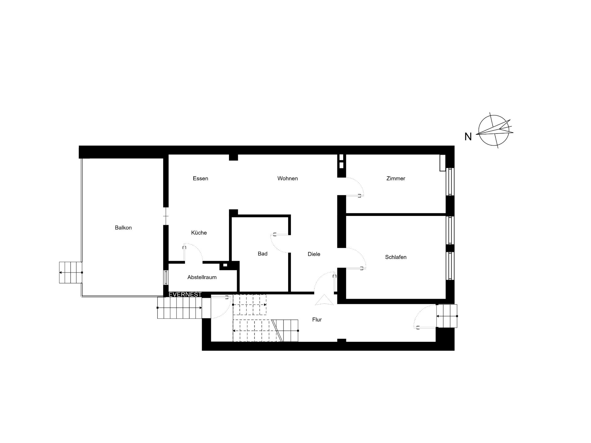 Grundriss einer Wohnung mit Balkon, Küche, Bad, Wohnzimmer, Schlafzimmer und einem weiteren Zimmer.