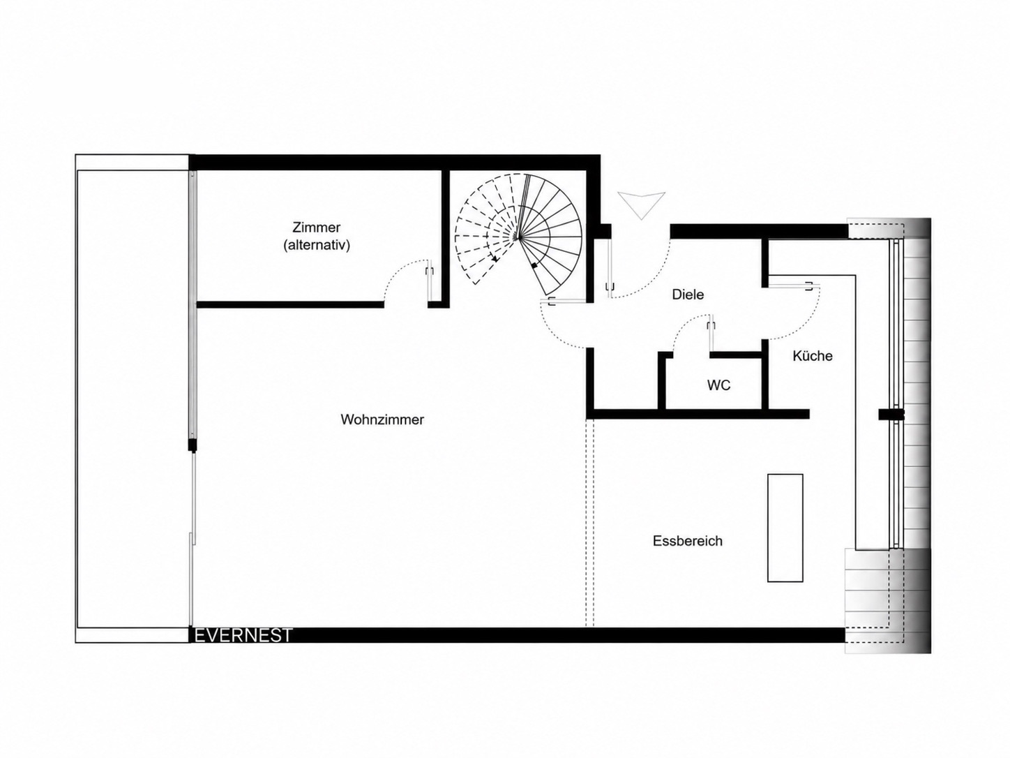 Grundriss mit Wohnzimmer, Essbereich, Küche, WC, Diele und alternativem Zimmer.
