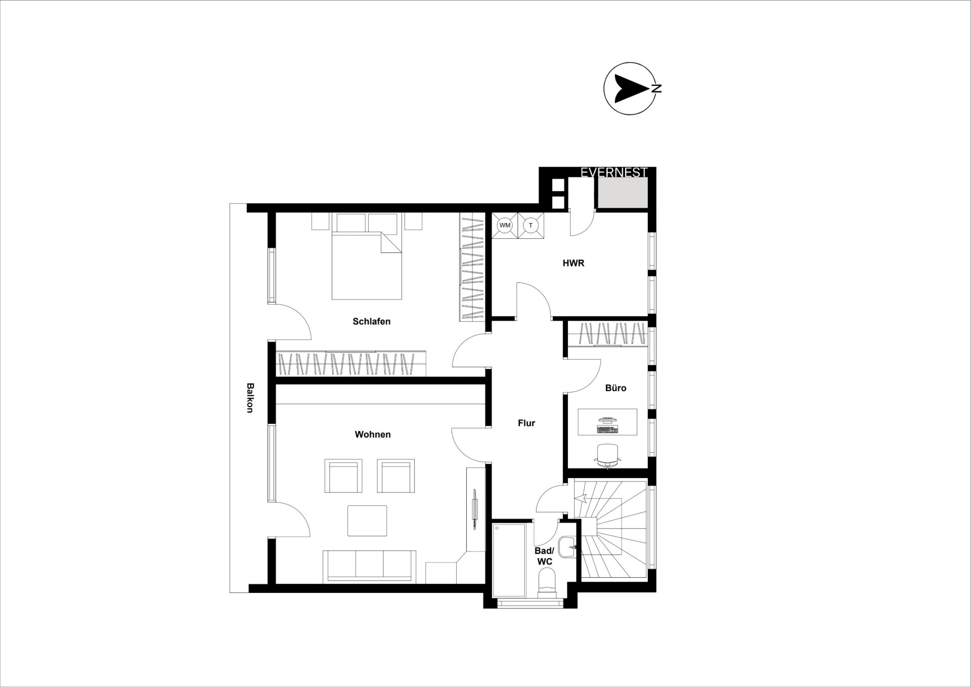 Grundriss einer Wohnung mit Schlafzimmer, Wohnzimmer, Bad, Büro, Hauswirtschaftsraum und Flur.