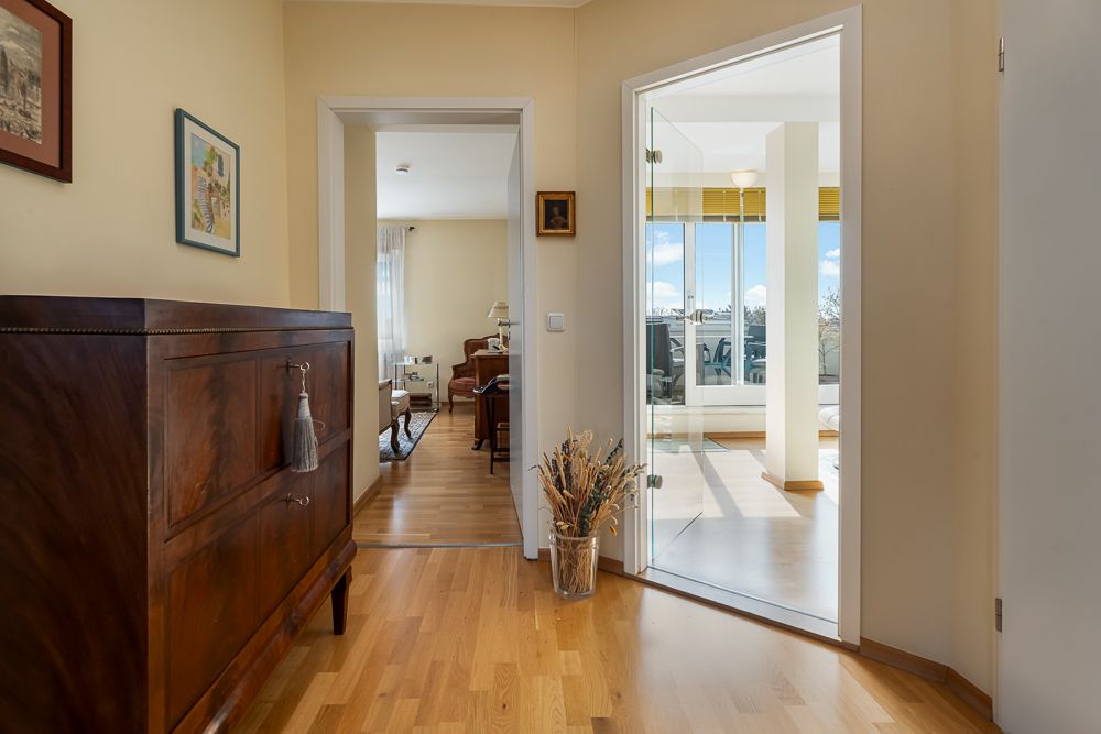 Flur mit Holzboden, links eine Kommode, rechts Glas­tür, vorne Eingang zu Wohnzimmer.