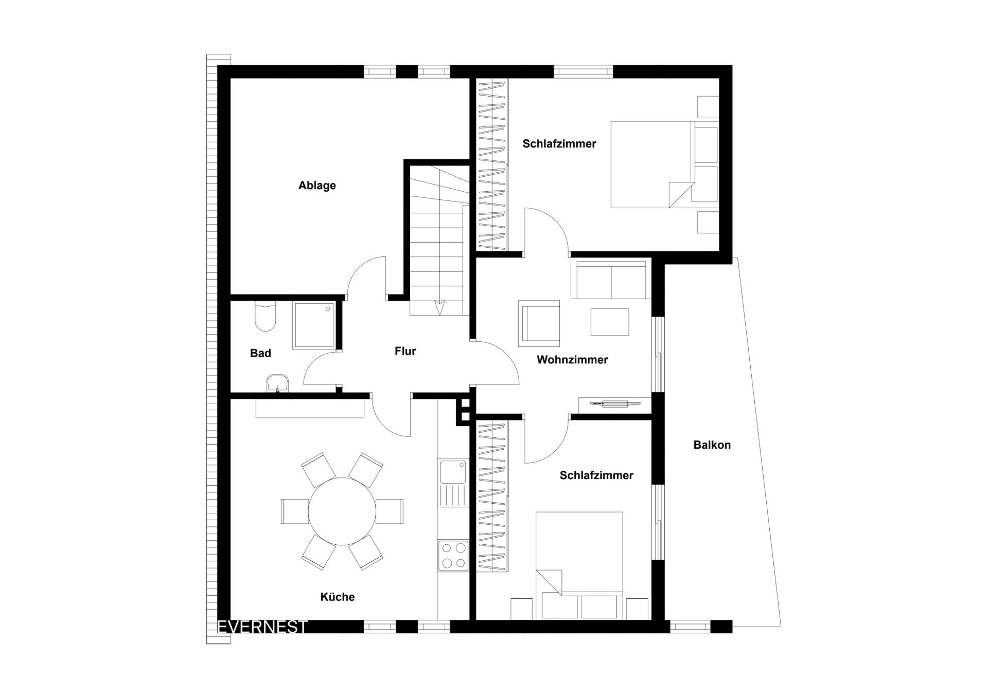 Grundriss einer Wohnung mit zwei Schlafzimmern, Küche, Bad, Wohnzimmer, Abstellraum und Balkon.