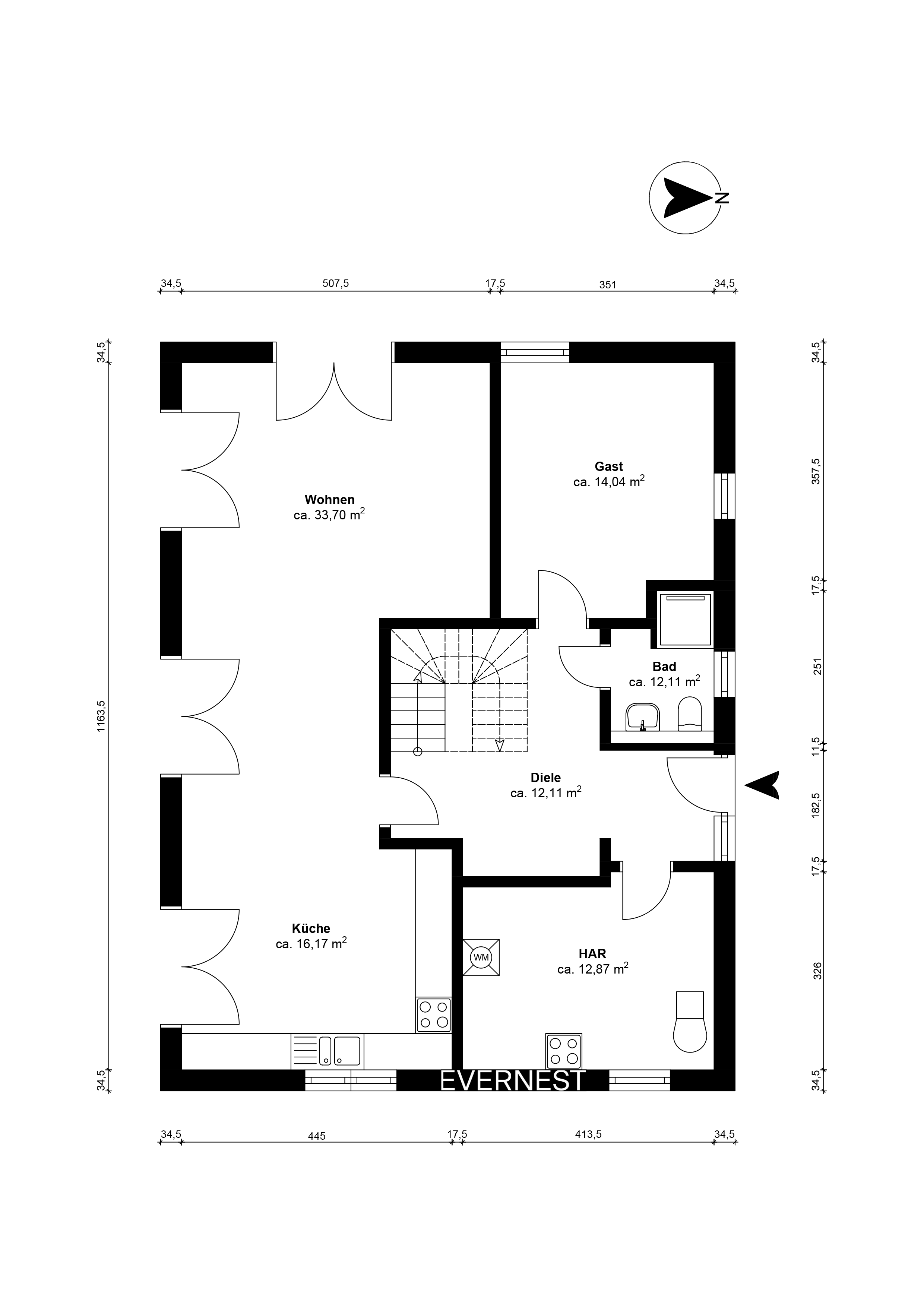 Grundriss eines Wohnhauses mit Wohnzimmer, Küche, Bad, Gästezimmer und Hauswirtschaftsraum.