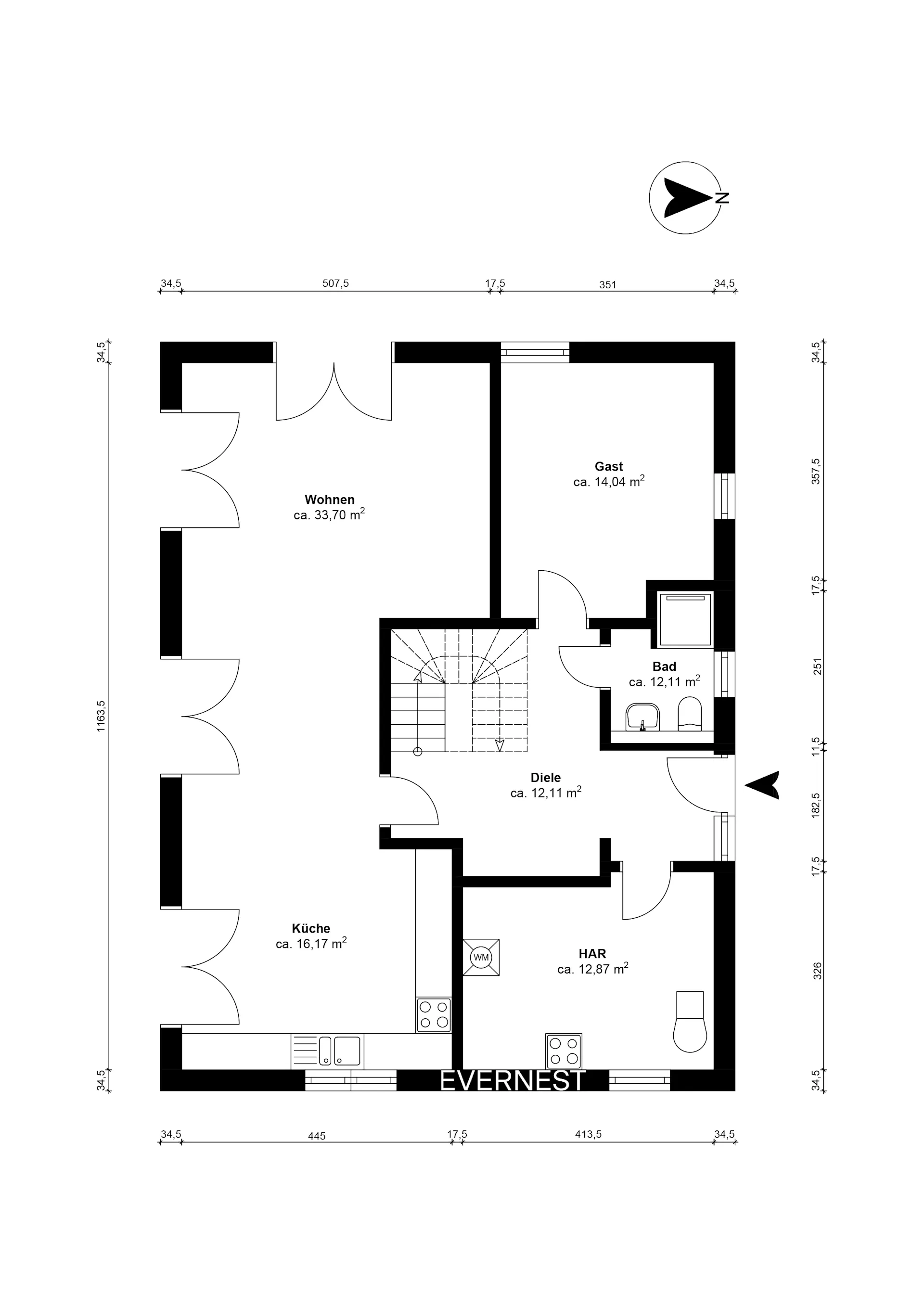Grundriss eines Wohnhauses mit Wohnzimmer, Küche, Bad, Gästezimmer und Hauswirtschaftsraum.