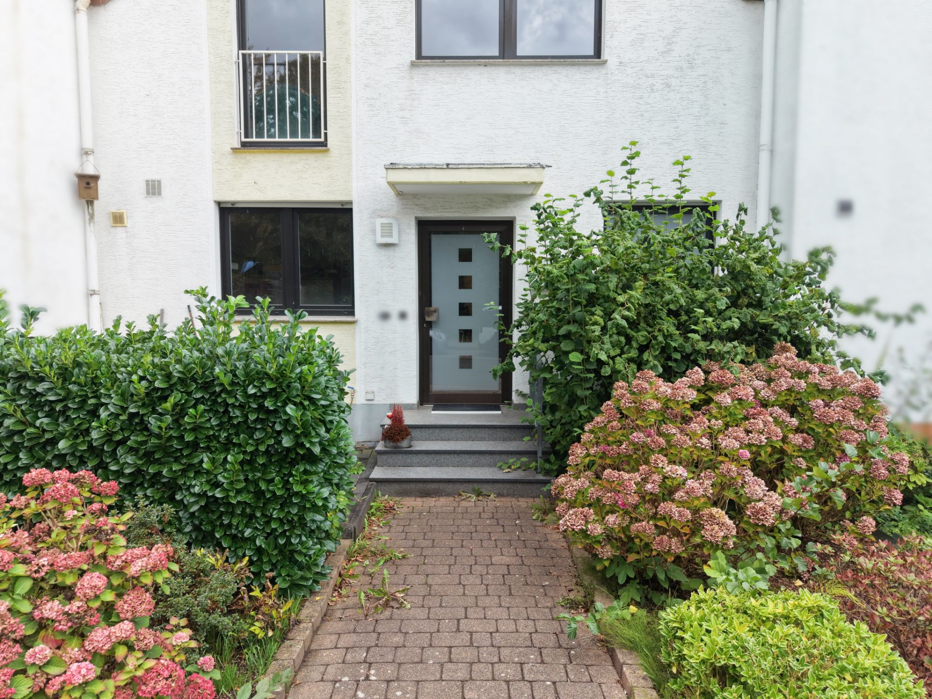 Hausfront mit moderner Haustür, gepflastertem Weg und blühenden Sträuchern im Vorgarten.