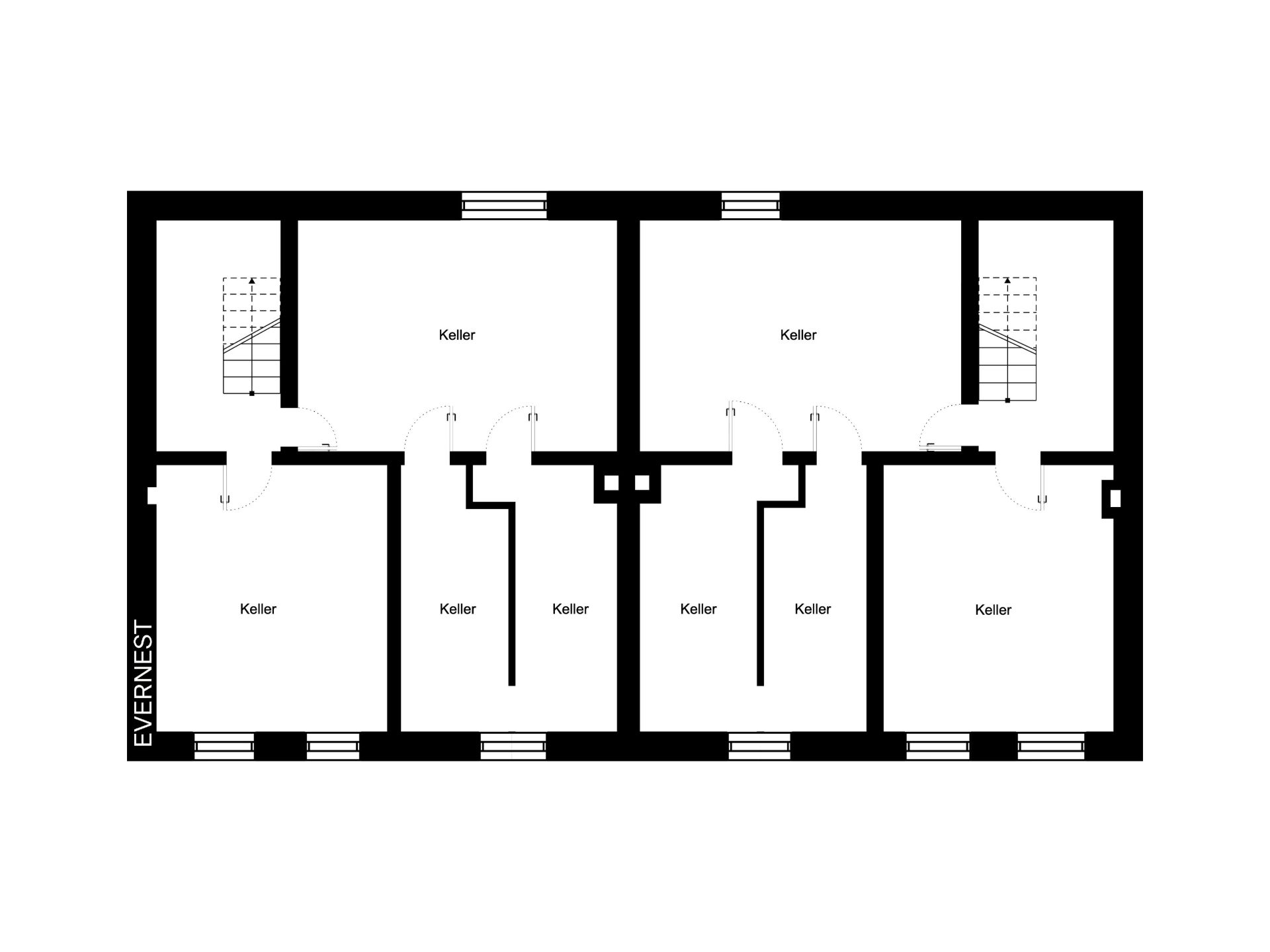 Grundriss eines Kellers mit mehreren Räumen und zwei Treppenhäusern.