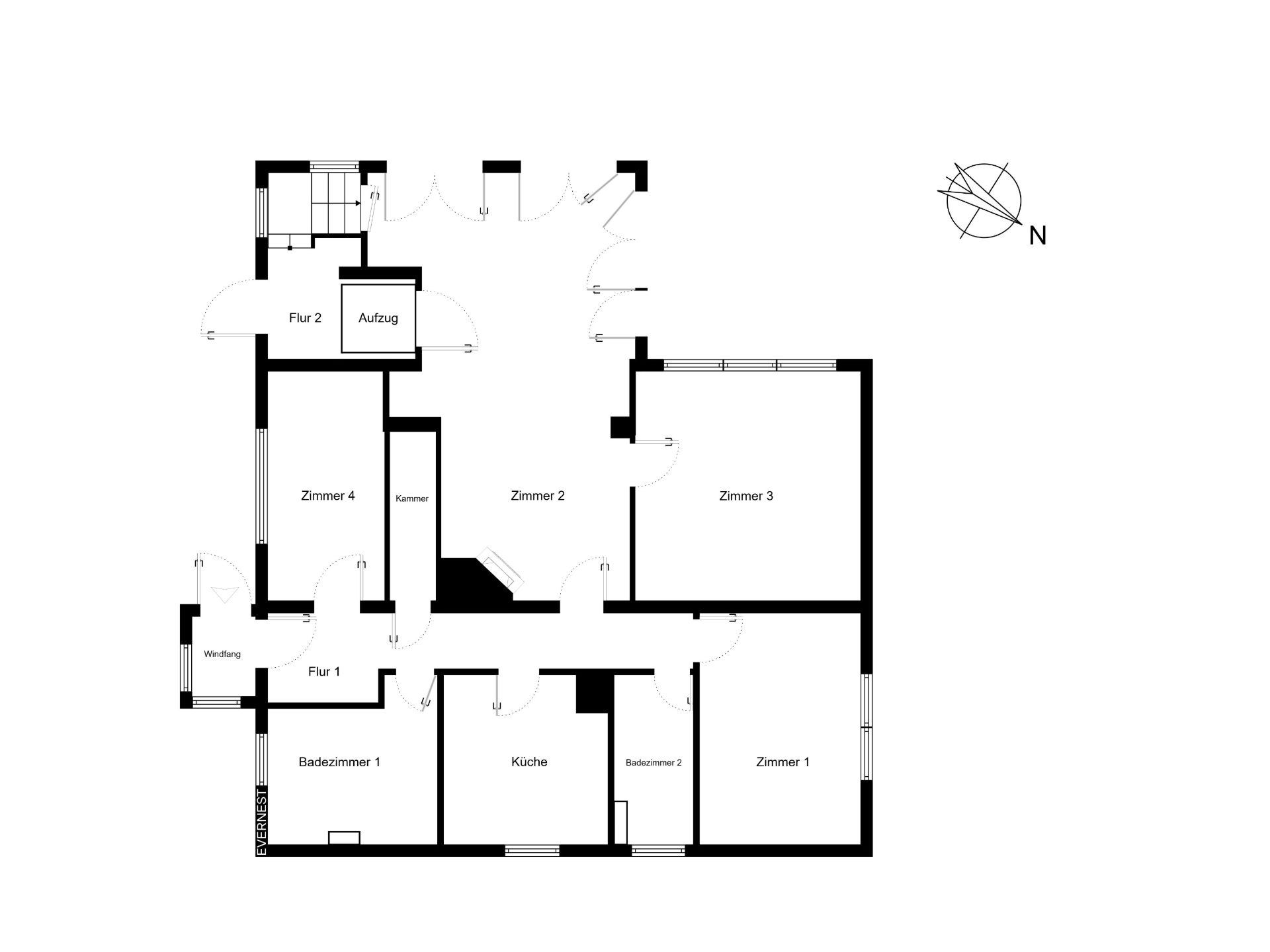 Grundriss einer Wohnung mit vier Zimmern, zwei Bädern, einer Küche und zwei Fluren.