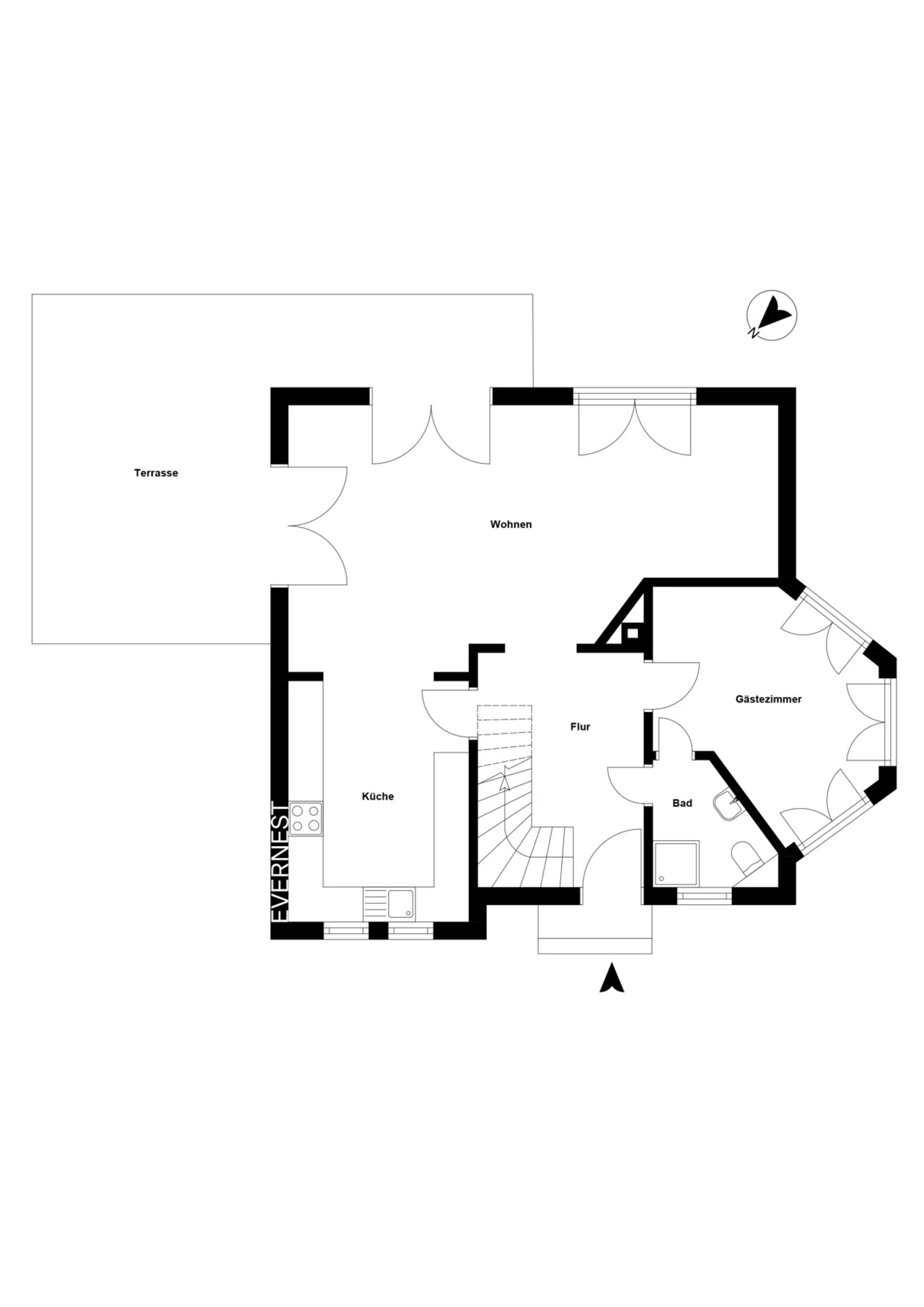 Grundriss mit Wohnzimmer, Küche, Gästezimmer, Bad, Flur und Terrasse.