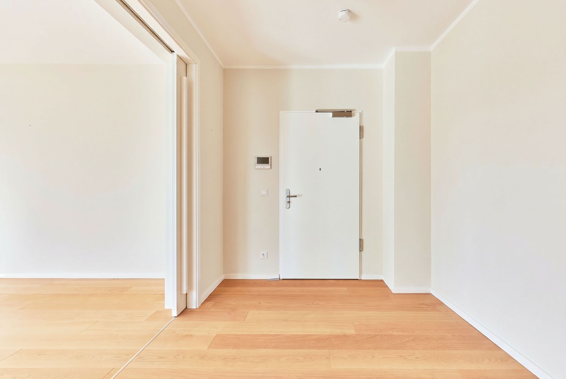 Heller Eingangsbereich mit Holzboden und weißer Tür in einer Wohnung.