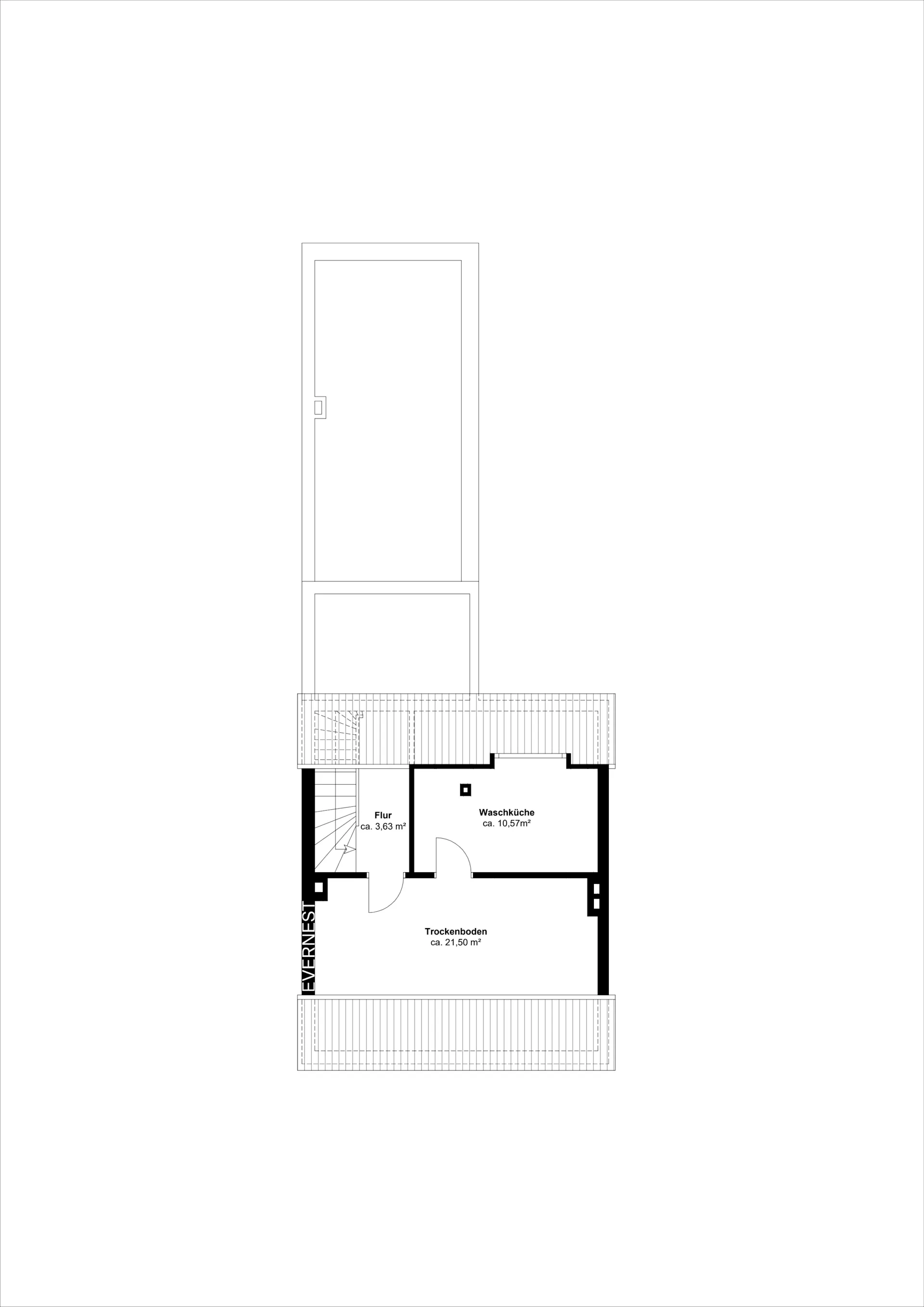 Grundriss mit Flur, Waschküche und Trockenboden, Flächenangaben in Quadratmetern.