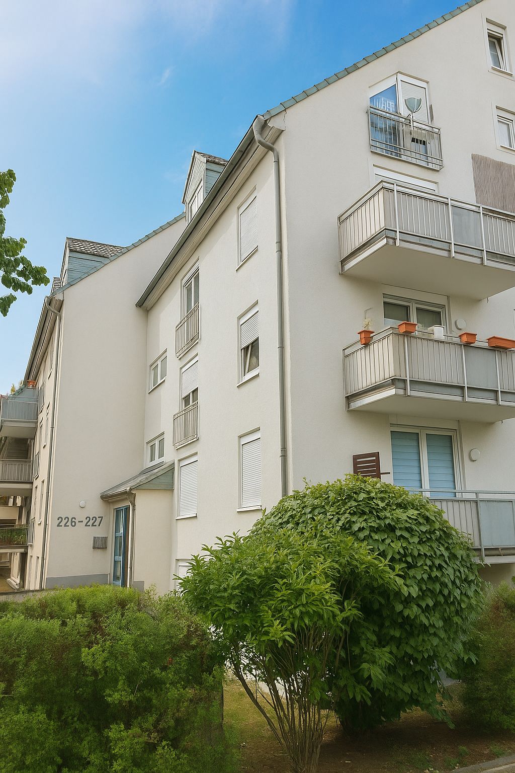 Mehrfamilienhaus mit mehreren Balkonen und grünen Büschen im Vordergrund.