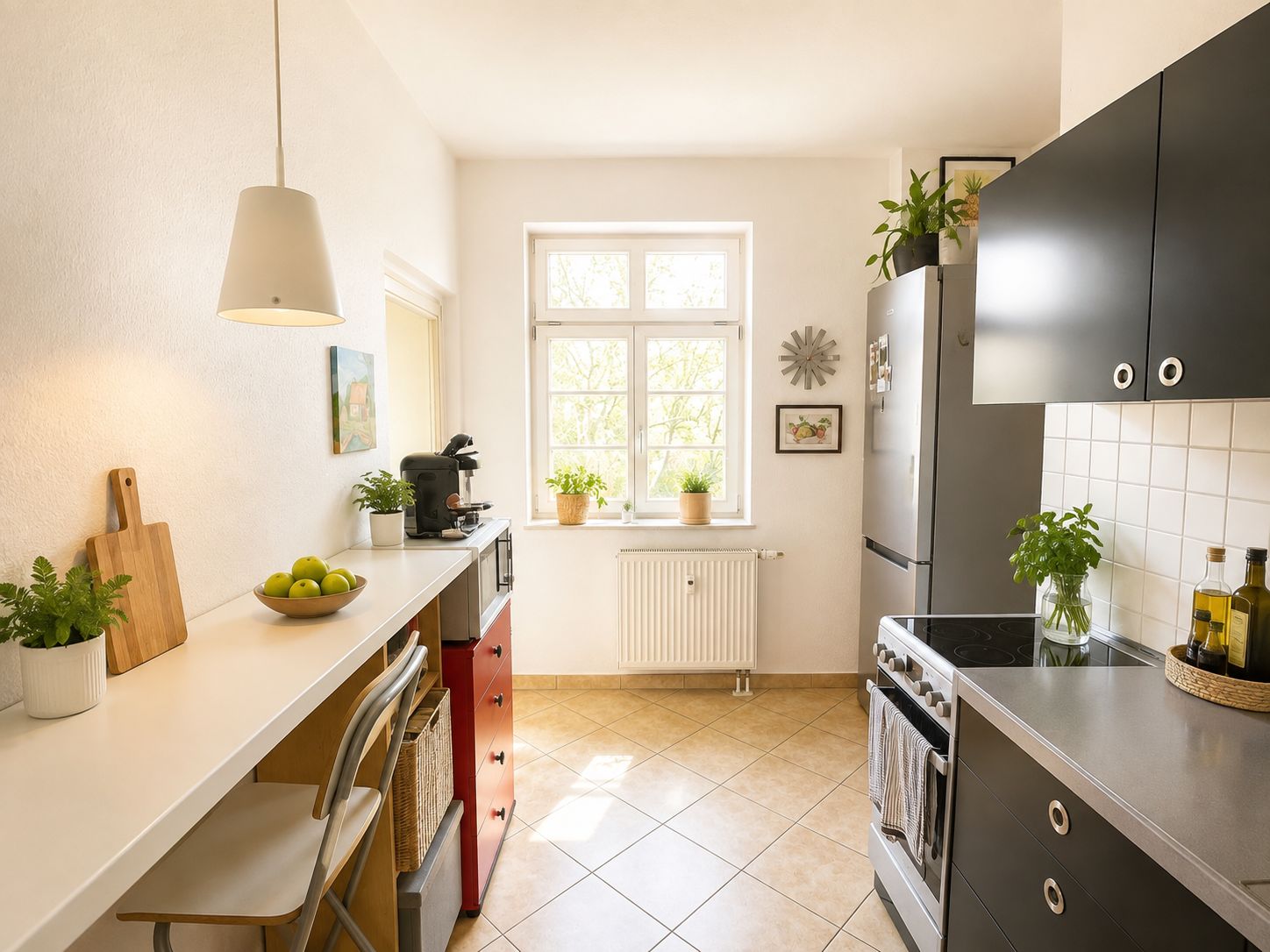 Helle, moderne Küche mit Pflanzen, weißen Wänden, Fenstern und Küchenutensilien.