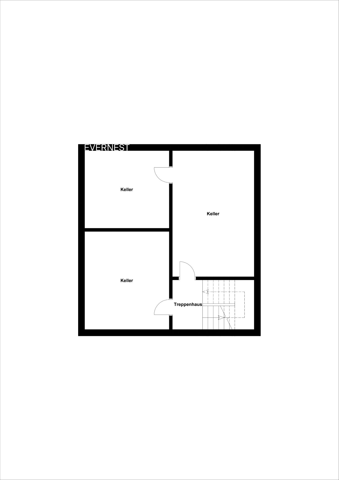 Grundriss mit drei Kellerräumen und einem Treppenhaus.