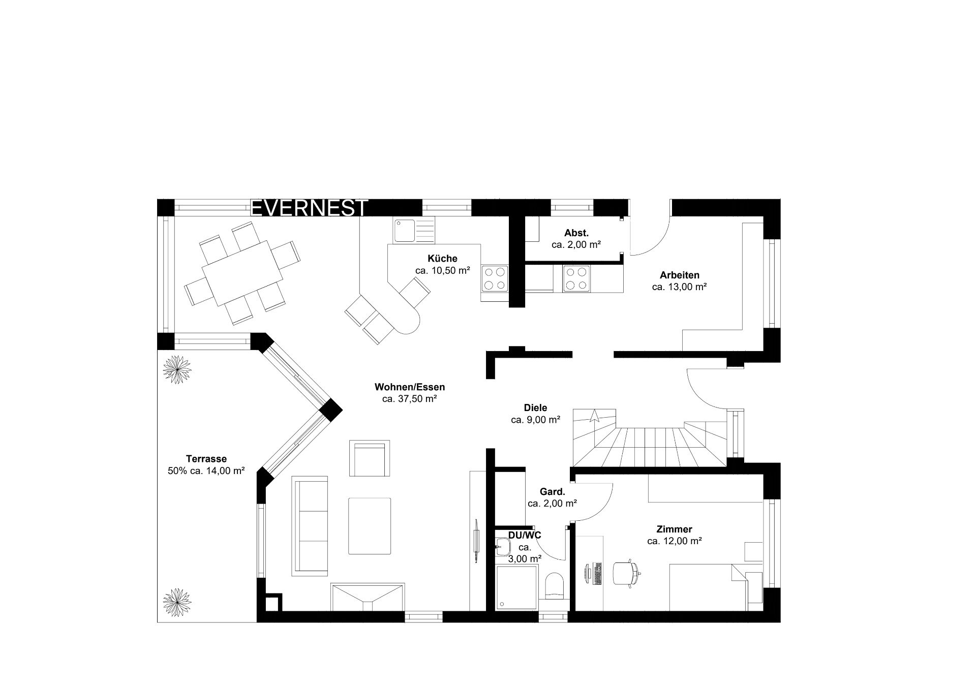 Grundriss einer Wohnung mit Wohnzimmer, Küche, Bad, Arbeitszimmer, Zimmer und Terrasse.