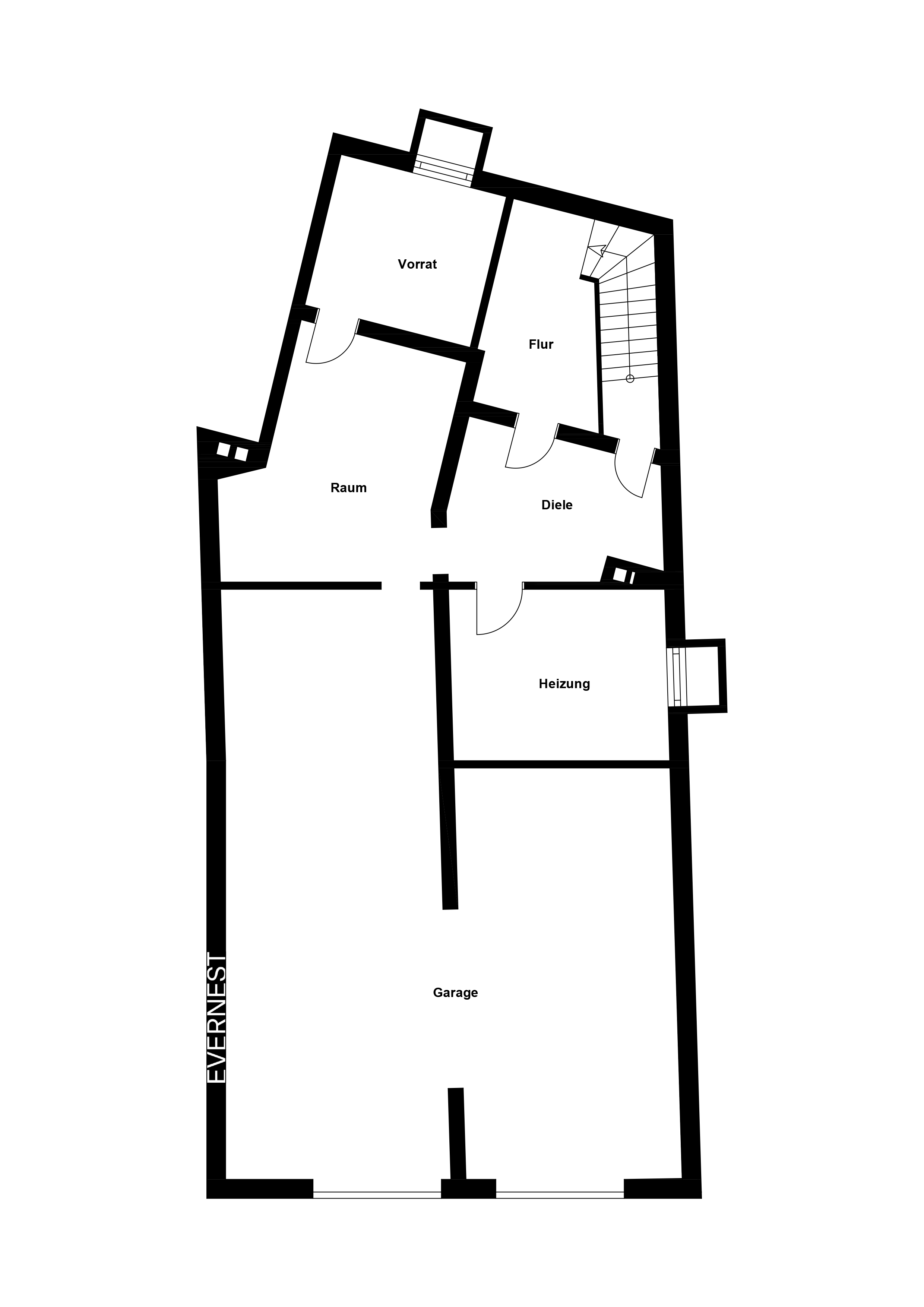 Grundriss mit Vorratsraum, Flur, Diele, Heizungsraum, Garage und weiterem Raum.
