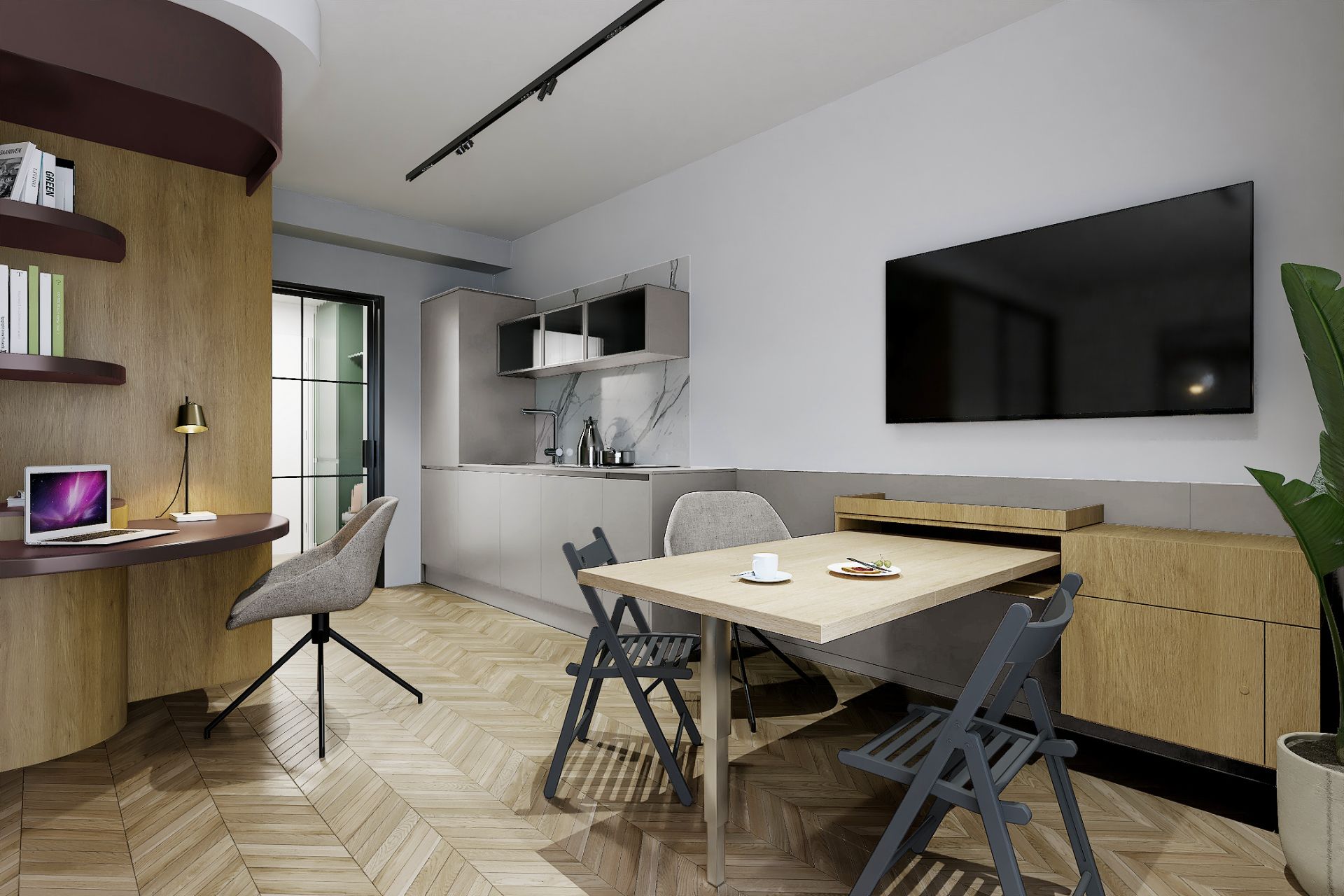 Modernes Wohnzimmer mit Küchenecke, Esstisch, Stühlen, Schreibtisch und großem Fernseher an der Wand.