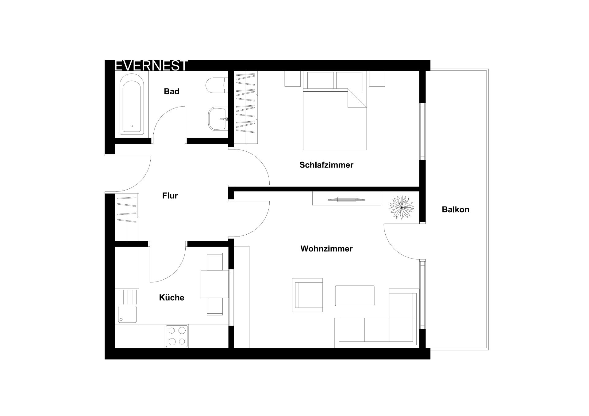 Grundriss einer Wohnung mit Bad, Küche, Flur, Schlafzimmer, Wohnzimmer und Balkon.