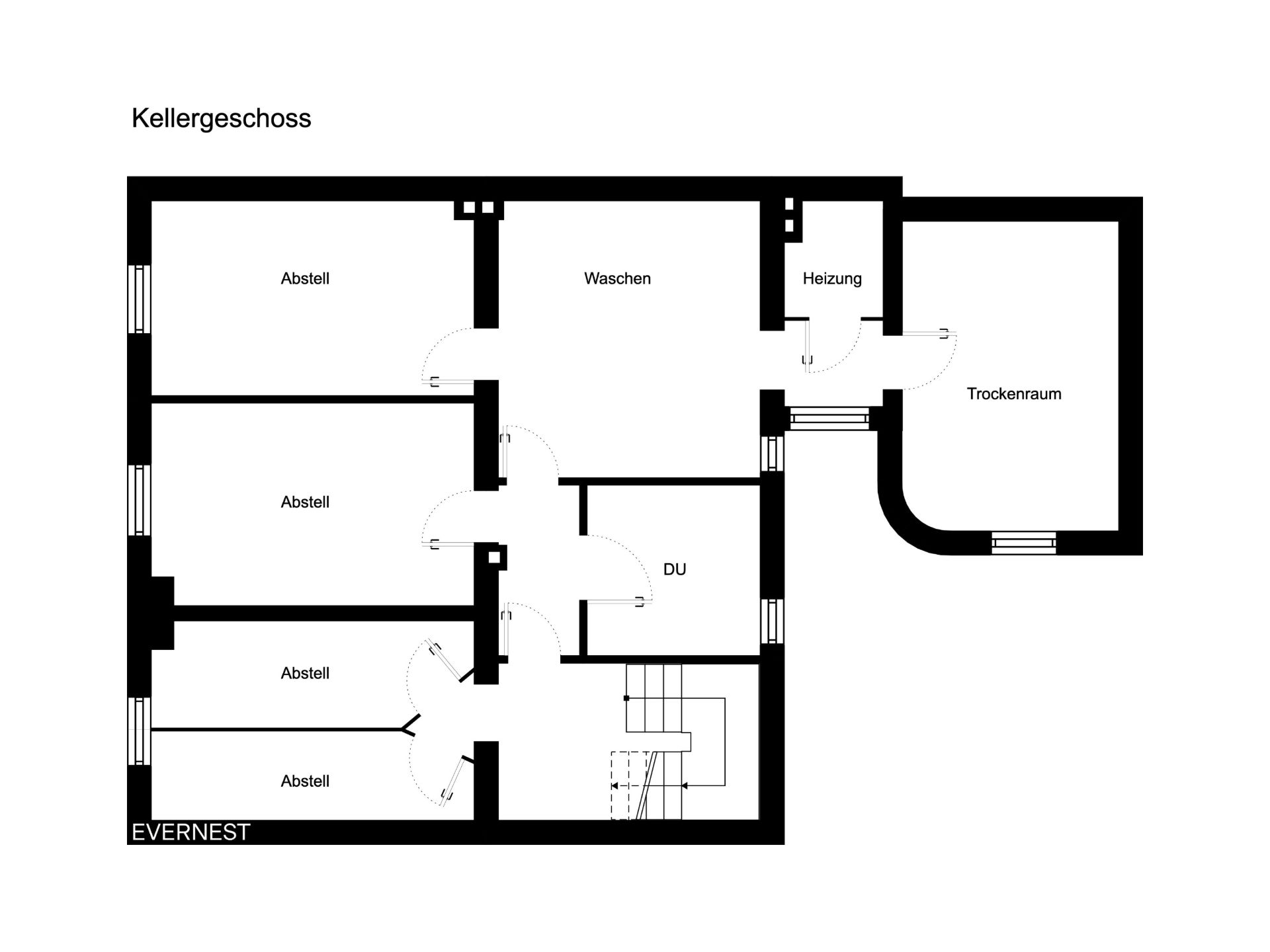 Grundriss eines Kellers mit Abstellräumen, Waschraum, Heizung, DU und Trockenraum.