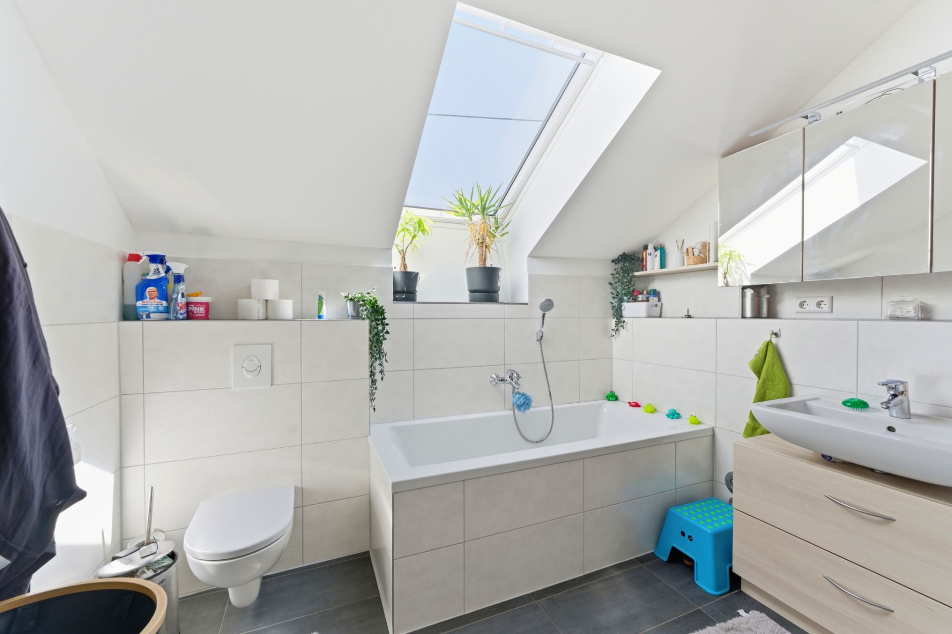 Helles Badezimmer mit Dachfenster, Badewanne, Waschbecken, WC und Pflanzen auf der Fensterbank.