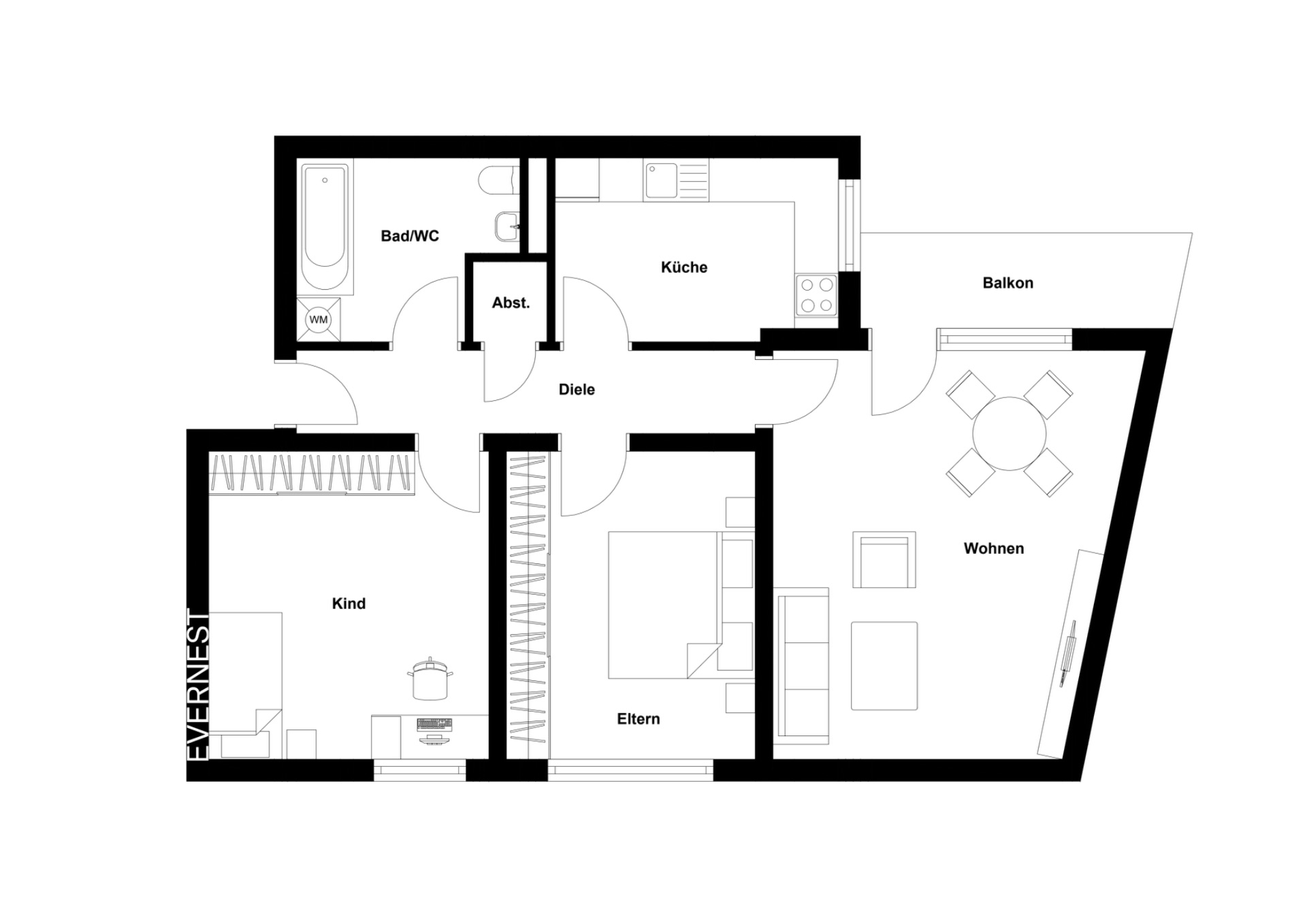 Grundriss einer Wohnung mit Wohnzimmer, Schlafzimmer, Kinderzimmer, Bad, Küche und Balkon.