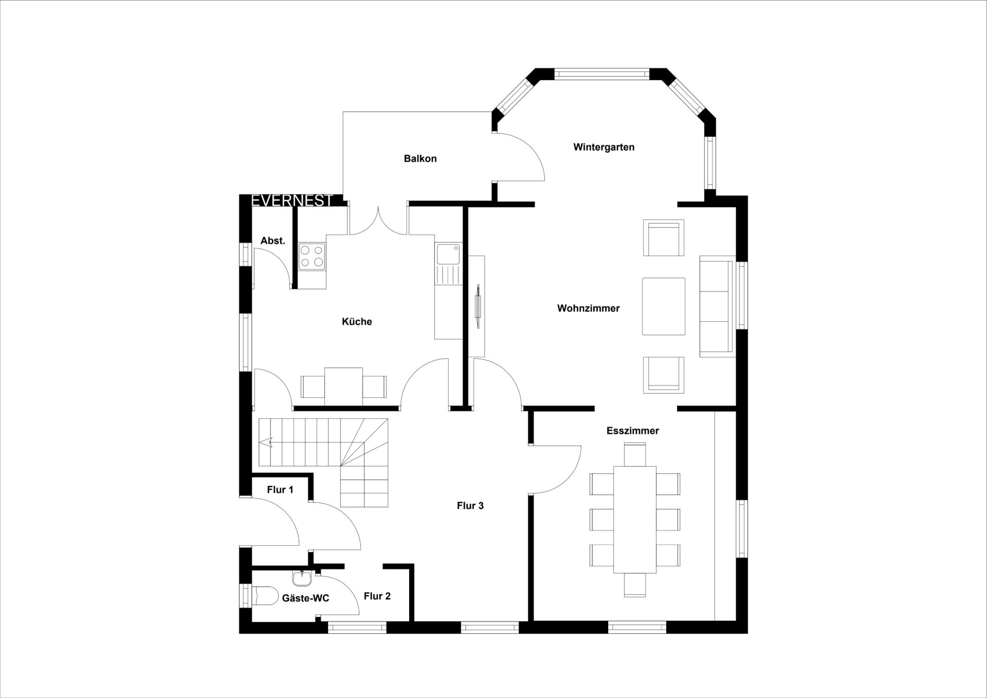 Grundriss eines Wohnhauses mit Küche, Wohnzimmer, Esszimmer, Wintergarten und Balkon.