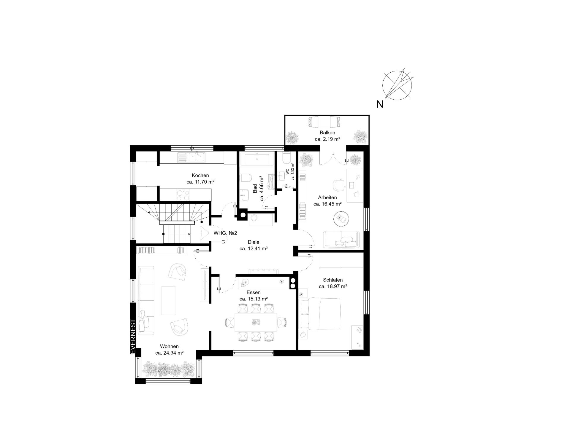 Grundriss einer Wohnung mit Wohn-, Schlaf-, Arbeitszimmer, Küche, Bad, Balkon und Essbereich.