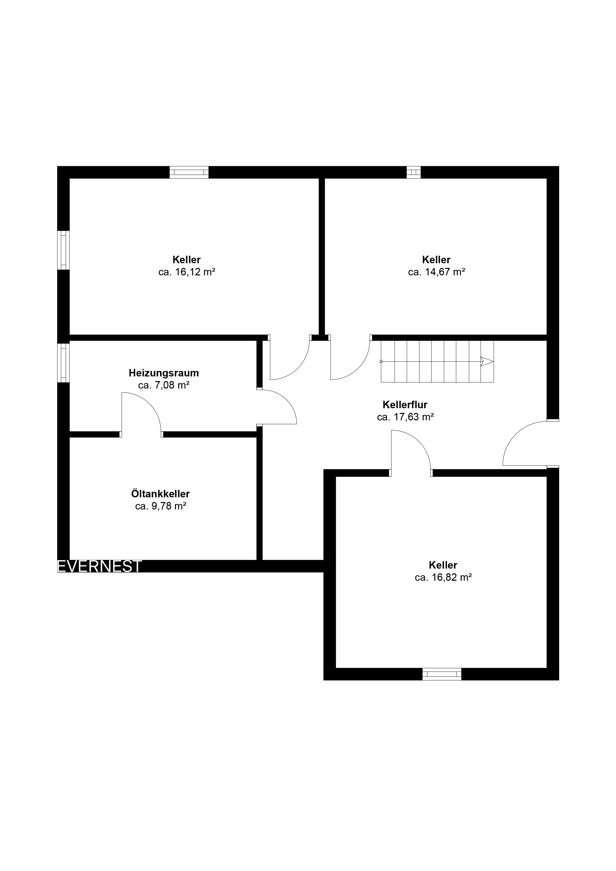 Grundriss eines Kellers mit vier Kellerräumen, Heizungsraum, Öltankkeller und Flur.